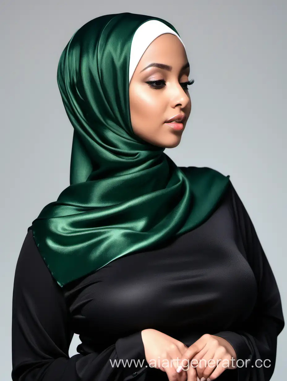 Женщина, темно-зеленый атласный хиджаб, большая грудь, черная рубашка, пышная фигура, вид сбоку