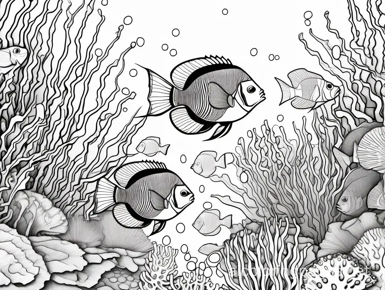 artistic tropical reef fish , ambient occlusion, soft shadows, intricate abstract artwork., Coloring Page, black and white, line art, white background, Simplicity, Ample White Space. The background of the coloring page is plain white to make it easy for young children to color within the lines. The outlines of all the subjects are easy to distinguish, making it simple for kids to color without too much difficulty
