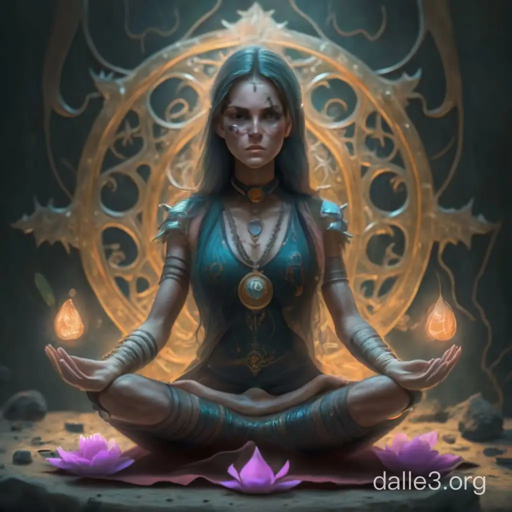 witch meditate in lotus position photo realistic