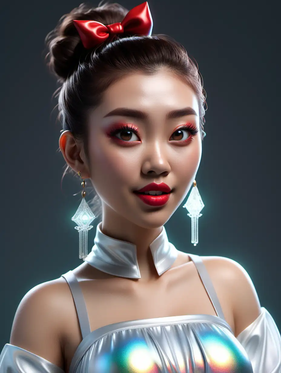 An extremely cute Singapore woman, with top knots full of vital spirits, delicate intricate iridescent details, red lipstick, global illumination, hyper-detailed, ultra-detailed 3d, a Pixar and Disney character art by Artgerm, hyper-detailed face, clear realistic eyes, sharp focus, octane render, ray tracing, Ultra-High-Definition, 8k, UHD, HDR, (Masterpiece:1. 5), (best quality:1. 5)