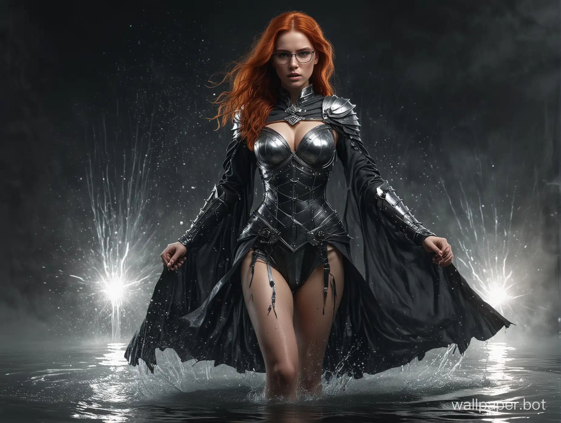 wounded young redhead female wizard with transparent dark robe and sexy torn steel armor. full  body. breast size is 12. narrow hips.wear a high heels. casting spell scene. wear glasses. body sweat. slim body. levitate above water.  detailed dark background. cinematic filter. serious expression. detailed in 8k