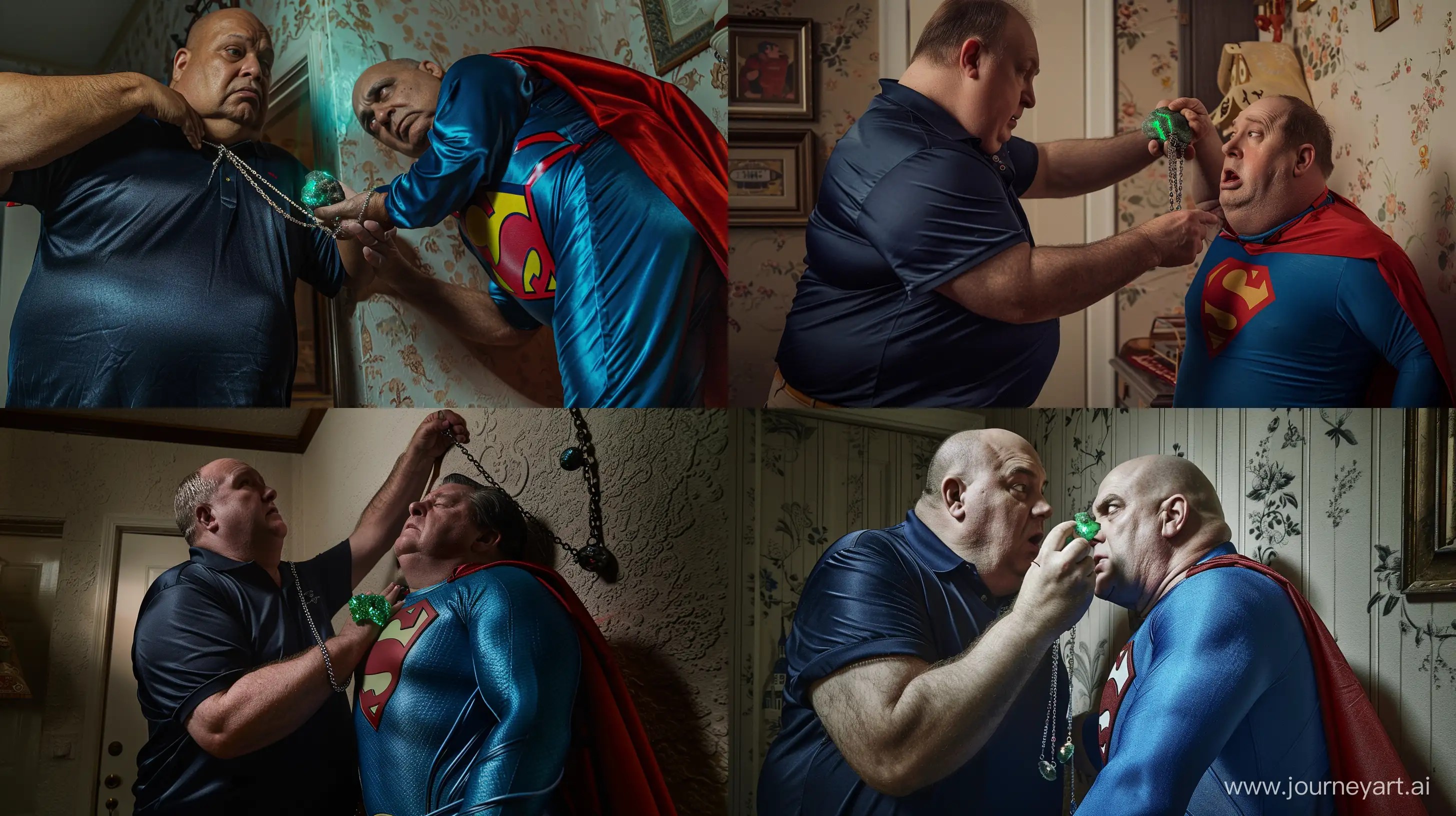 Close-up photo of a very fat and taller man aged 60 wearing a silk navy polo shirt placing a short chain necklace with a green glowing rock around the neck of a very fat man aged 60 looking very weak and tired and wearing a tight blue superman costume with a red cape leaning on a wall. Interior --style raw --ar 16:9