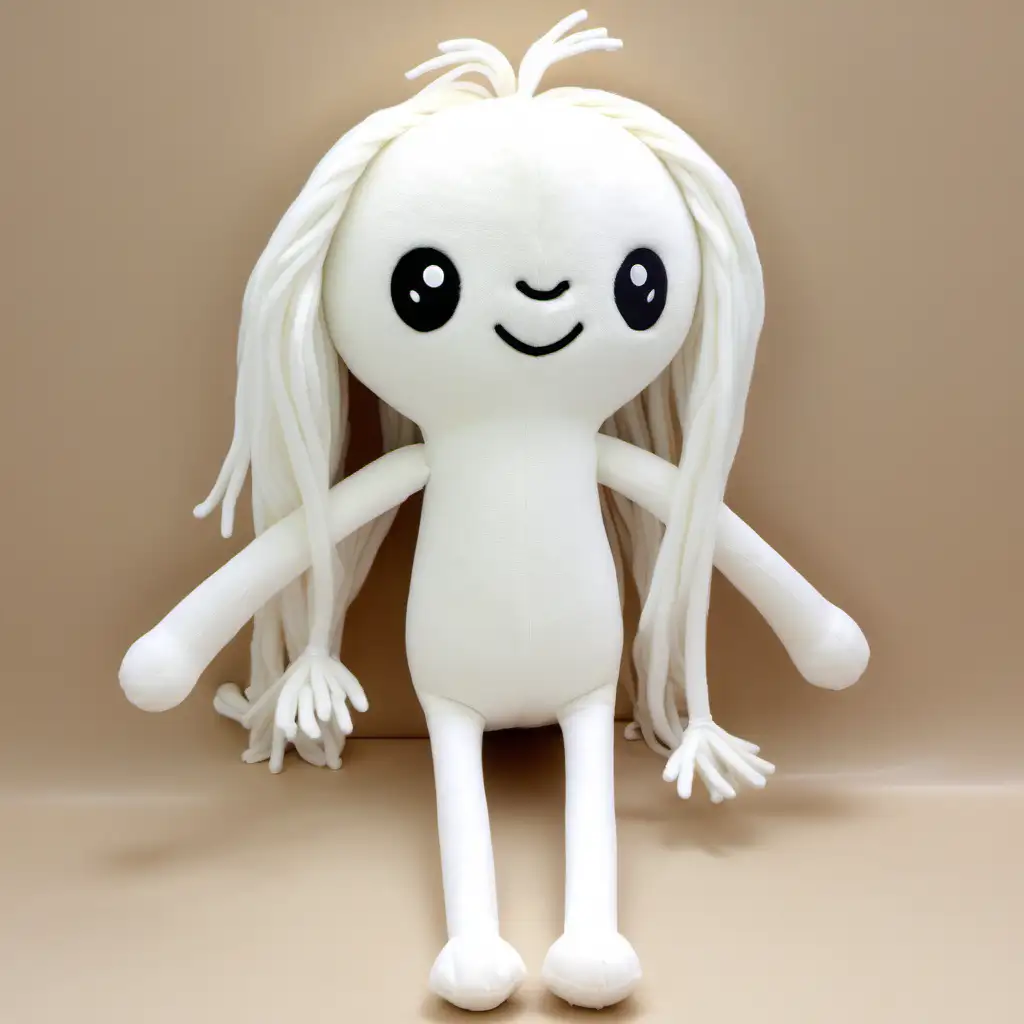 plush toy , animal , long soft hair, cute , happy ,odd looking , white, long skinny body , long skinny arms , long skinny legs 