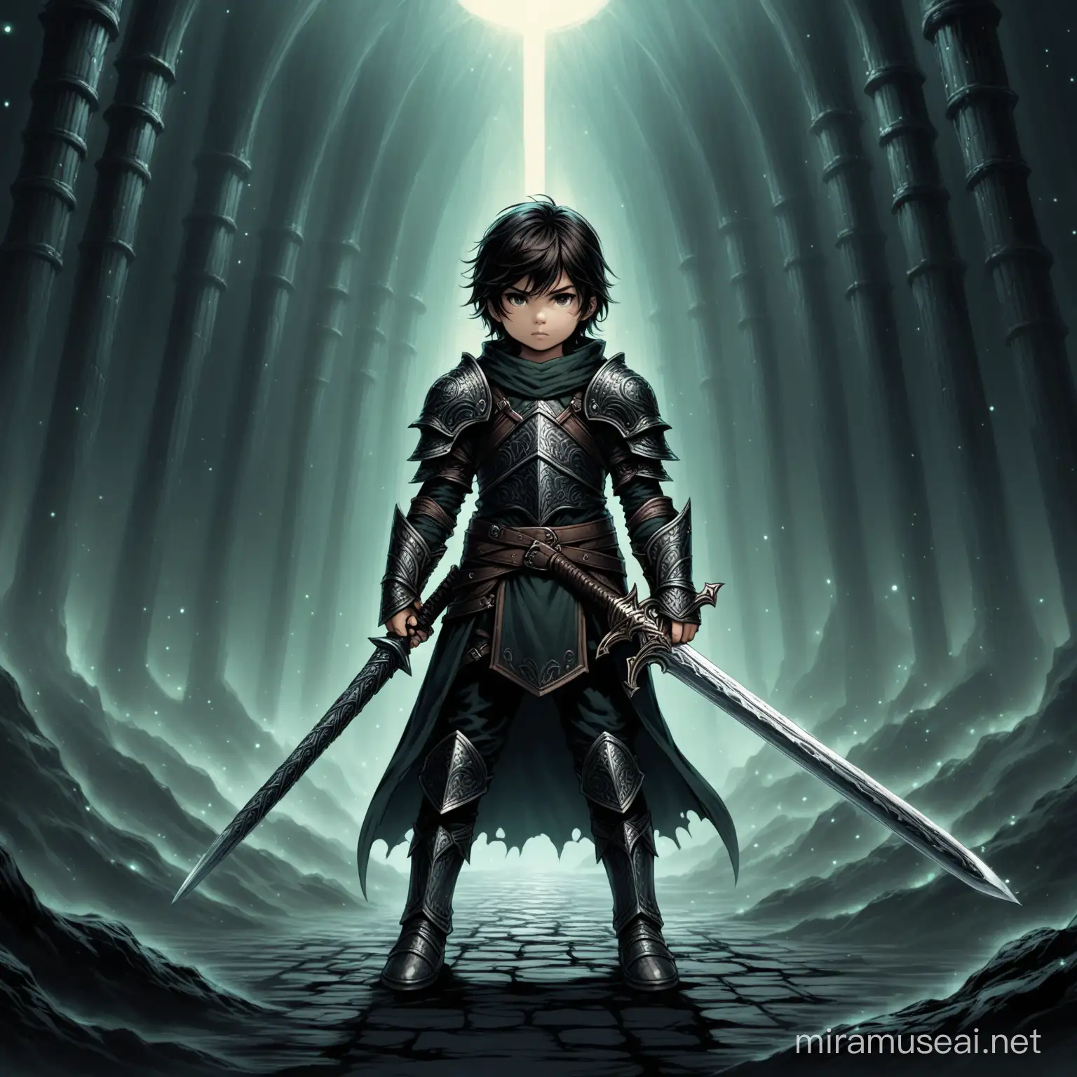 very young dark fantasy warrior with sword in a dark world