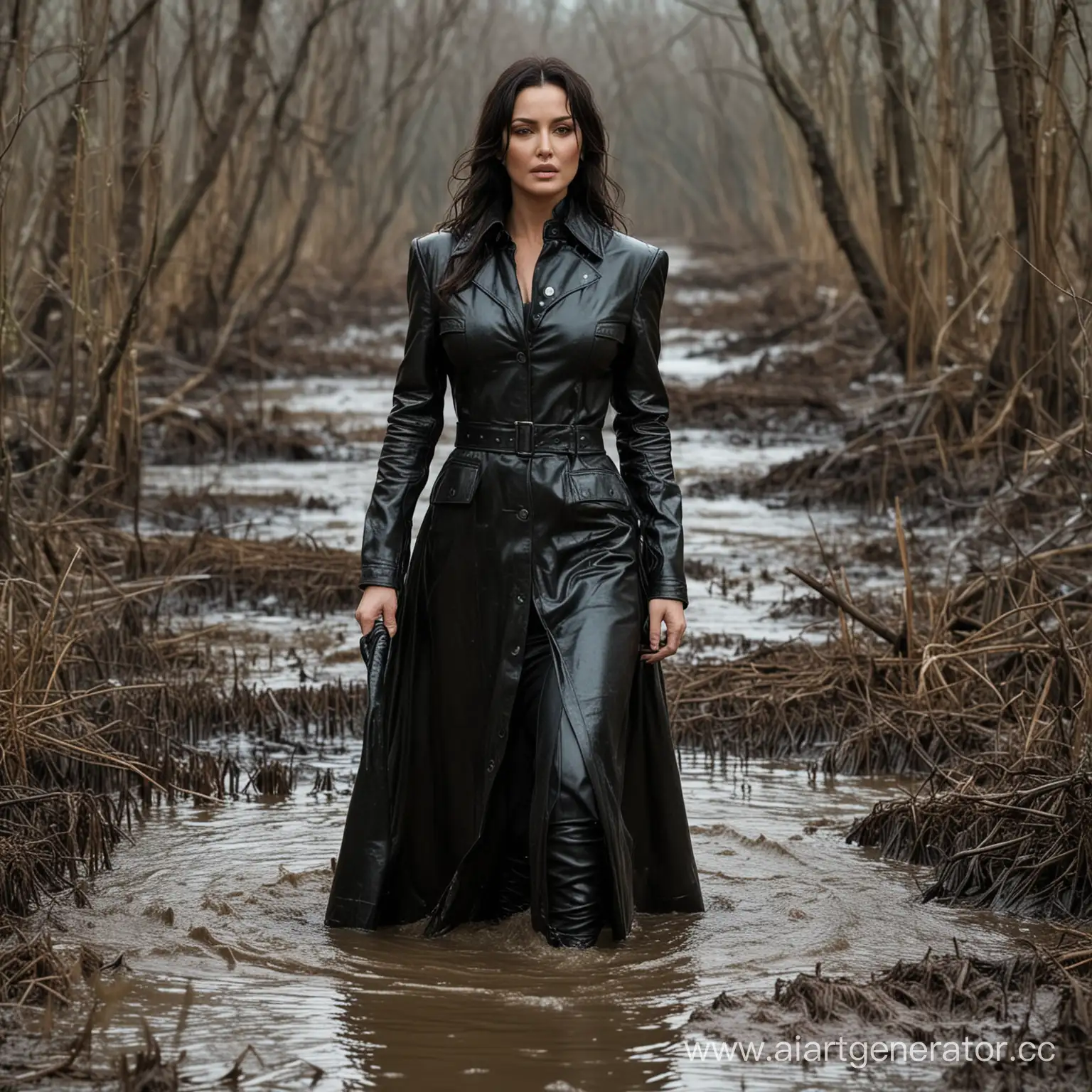 Monica Bellucci in a very dirty long leather coat is trying to get out of a swampy swamp dirty