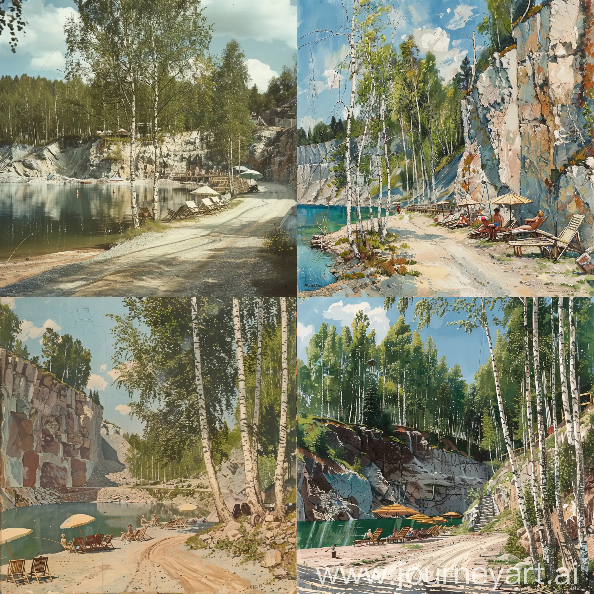 a quarry at a tourist base. birch trees grow nearby. a dirt road. tourists are fishing on the shore. wooden deck chairs and umbrellas for sunbathers.