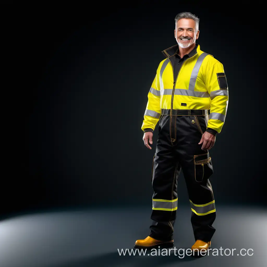 a man, smile, front and half-profile view, full length view, wearing beautiful very insulated black and luminescent yellow workwear, 
 cinematic, beautiful, elegant, atmospheric，RAW Photo, dynamic composition, G-Master Lens, Photorealistic, Hyperrealistic, Hyperdetailed, natural light, soft lighting, masterpiece, best quality, ultra realistic, 8k, Intricate, High Detail in julie bell style