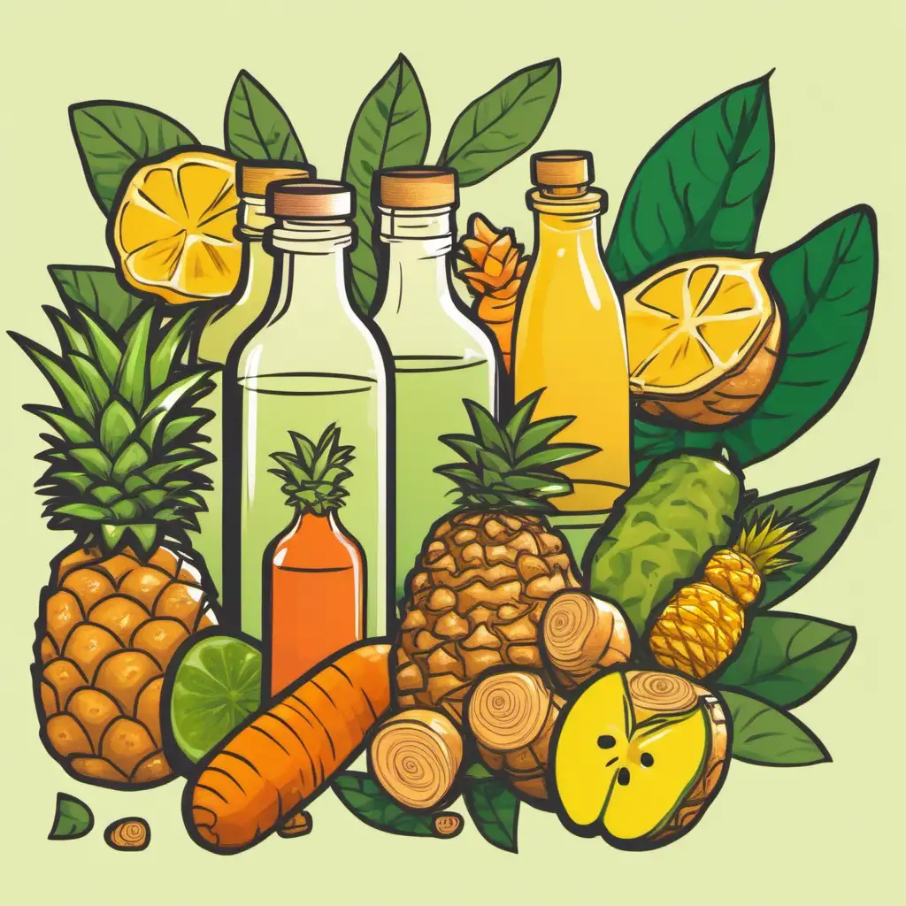 /imagine cartoon of african american hand pouring liquid from a small bottle into another bottle containing an image of ginger. apple, ginger, pineapple, lemon, cucumber, a carrot, and leaves sitting around the bottle containing the ginger image. 