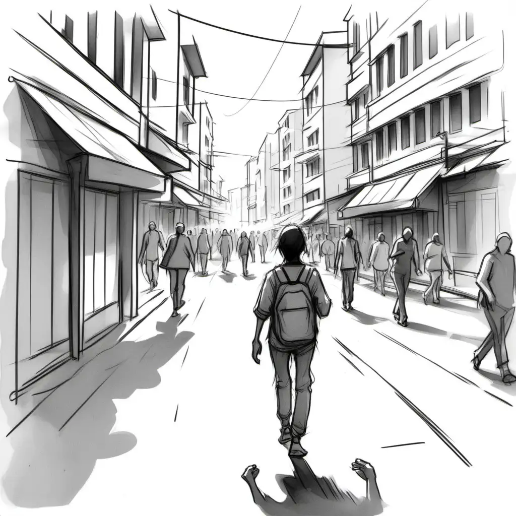 MINAMILISITC SKETCH OF A PERSON ROAMING IN THE BUSY STREETS