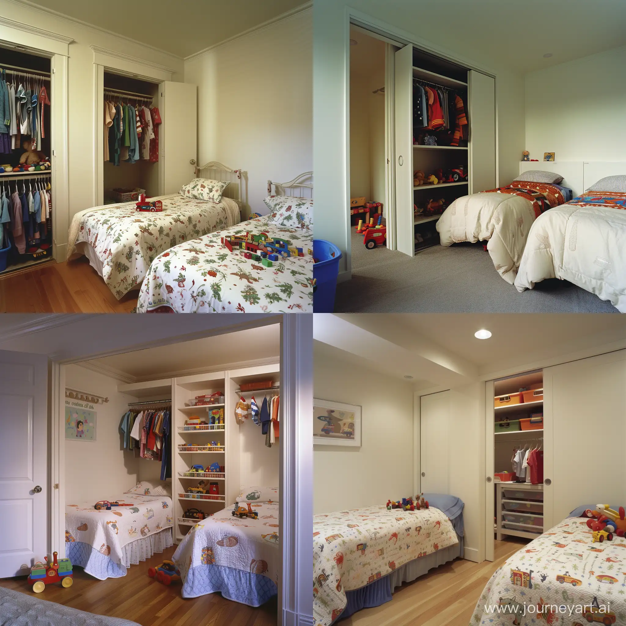 An interior shot of a children's bedroom containing two beds, a closet, and some toys