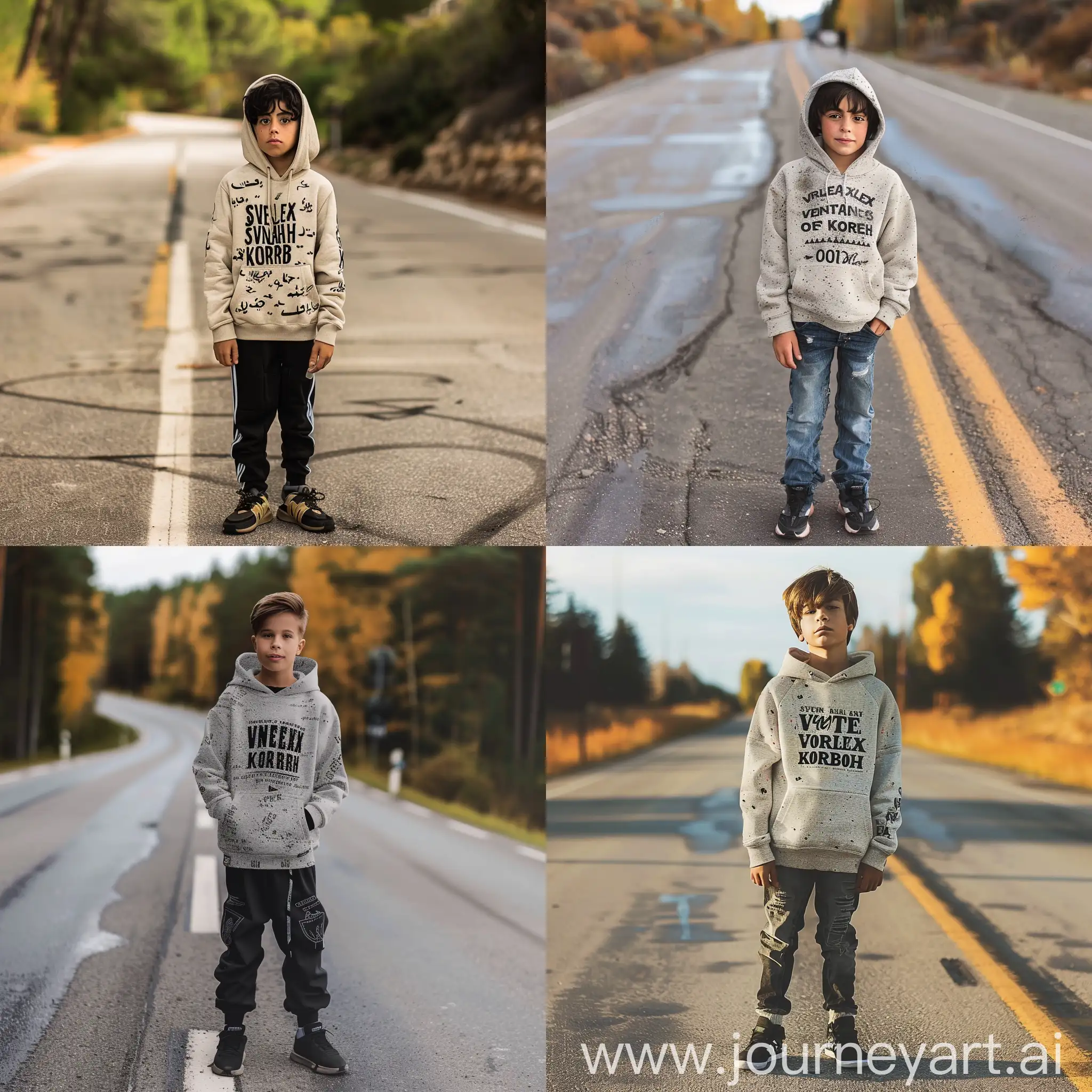 A boy standing on the road wearing a hoodie with a writings saying Ventex Korah