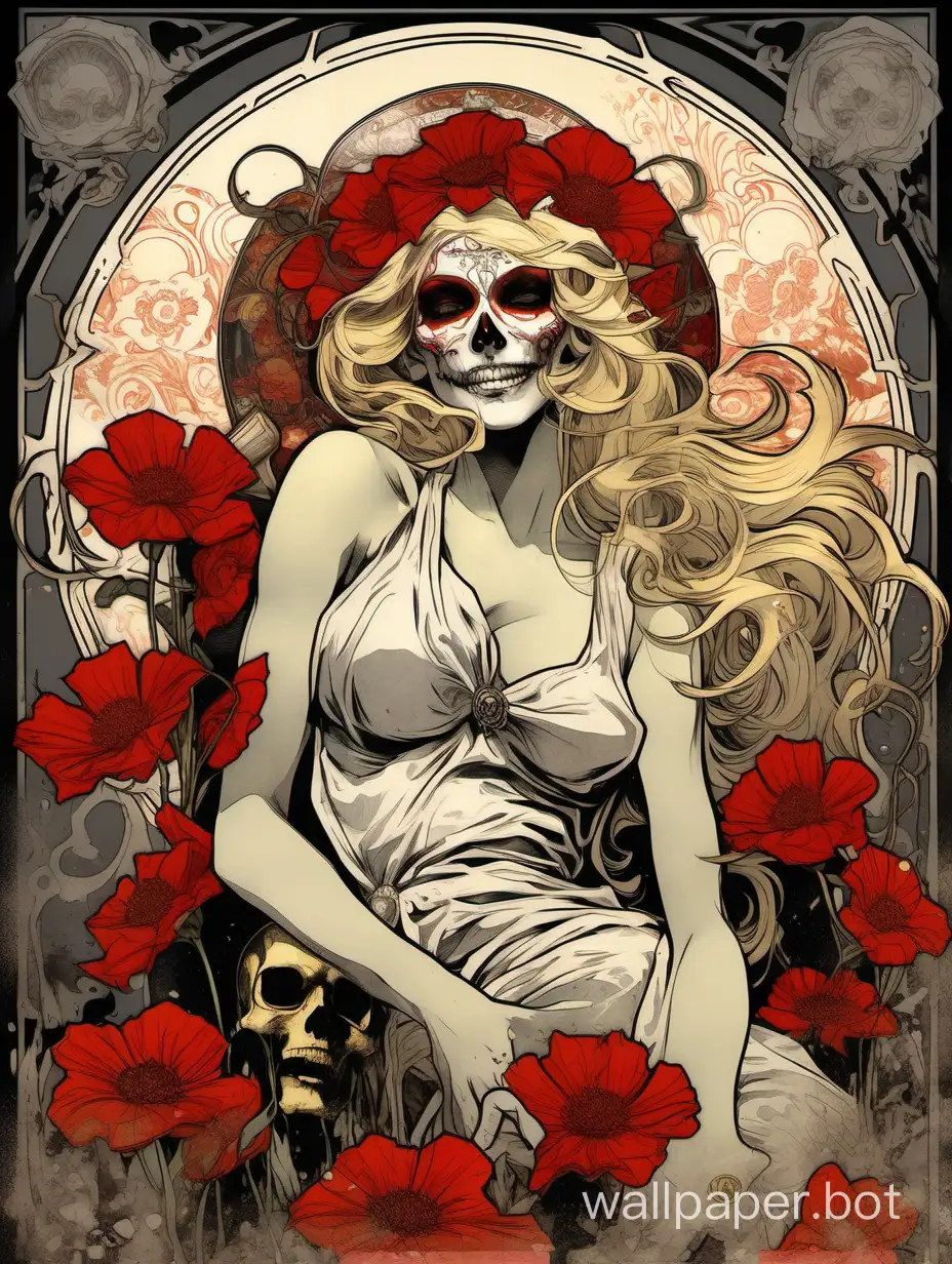 sexy gorgeous blonde odalisque, masterpiece sexy laugh skull face, asymmetrical, open arms, Alphonse Mucha poster, explosive wild flowers hiperdripping paint, comic book, high textured paper, hiperdetailed lineart , dark water , red, black, gray, burned borders