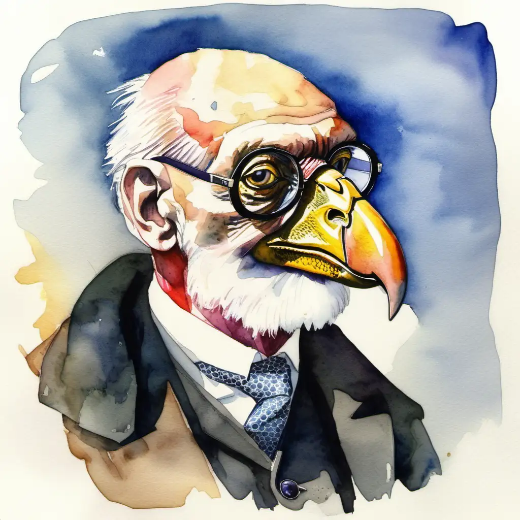Watercolor Portrait of Freud the Condor with Stylish Glasses