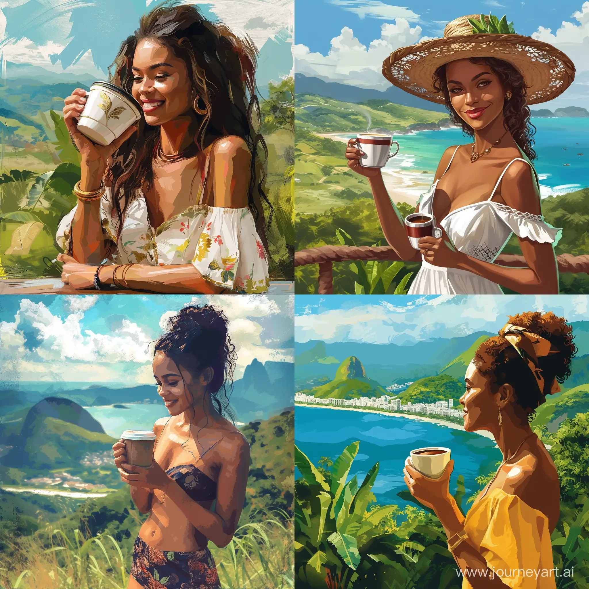 Цифровая живопись Красивая бразильянка держит чашку кофе на фоне  пейзажа  Бразилии