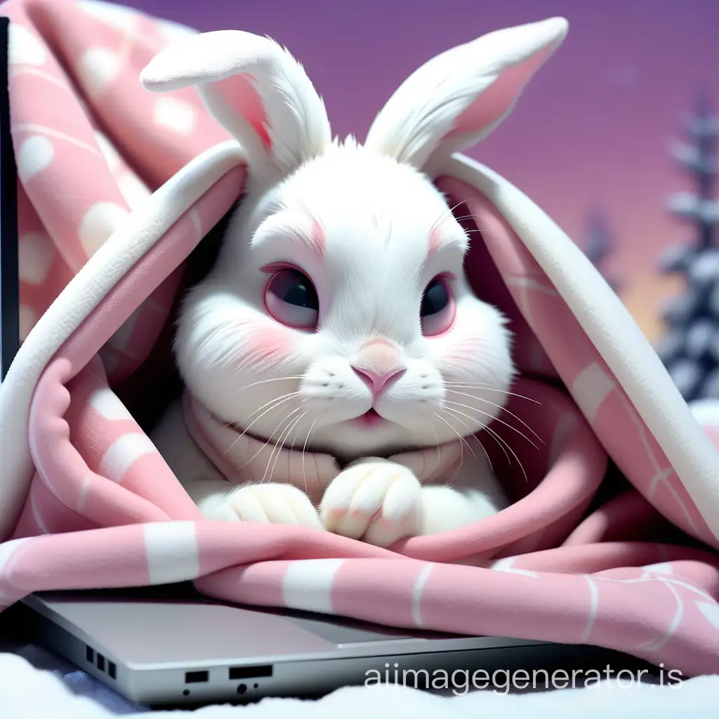 A cute little white rabbit hides in the blanket with a Mac computer, snowy background, 4k resolution, pink theme