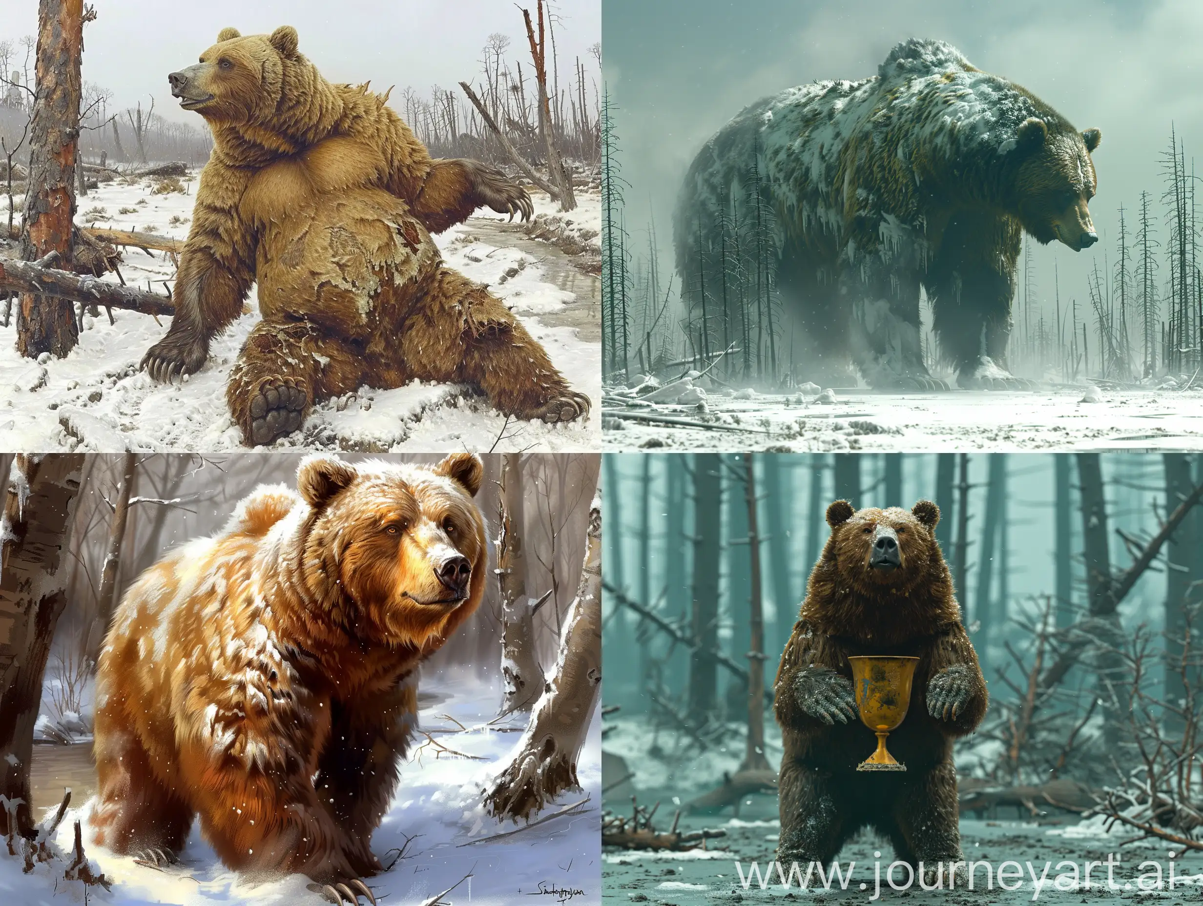 In a desolate, post-apocalyptic landscape, a massive grizzly bear emerges from its long hibernation, its fur thick and frost-covered. The bear, with a mix of curiosity and wariness in its eyes, stands on its hind legs amidst the remnants of a once-thriving forest now covered in a layer of snow and ash. The bear's awakening is juxtaposed against a backdrop of skeletal trees, their bare branches coated in a layer of frost, and remnants of human civilization partially buried in the snow.
The environment is a hauntingly beautiful yet desolate winter landscape, featuring skeletal trees, frozen rivers, and abandoned buildings. The sky is overcast, casting a muted light over the bleak scene, and remnants of nuclear fallout are visible in the snow, creating an unsettling atmosphere. Style: The image is depicted in a realistic and detailed style, capturing the raw emotion and vulnerability of nature in the aftermath of a catastrophic event. The color palette is dominated by cold and muted tones, with icy blues, ashy grays, and hints of faded greens, emphasizing the harshness of the nuclear winter. The atmosphere is somber and reflective, conveying a sense of both resilience and sorrow as nature reclaims the remnants of a world forever changed.
‐‐q . 25 --stylize 1000 --c 80
