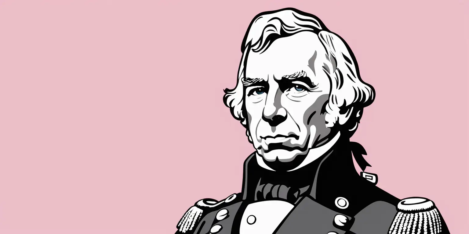 cartoon of Zachary Taylor with a solid pink background