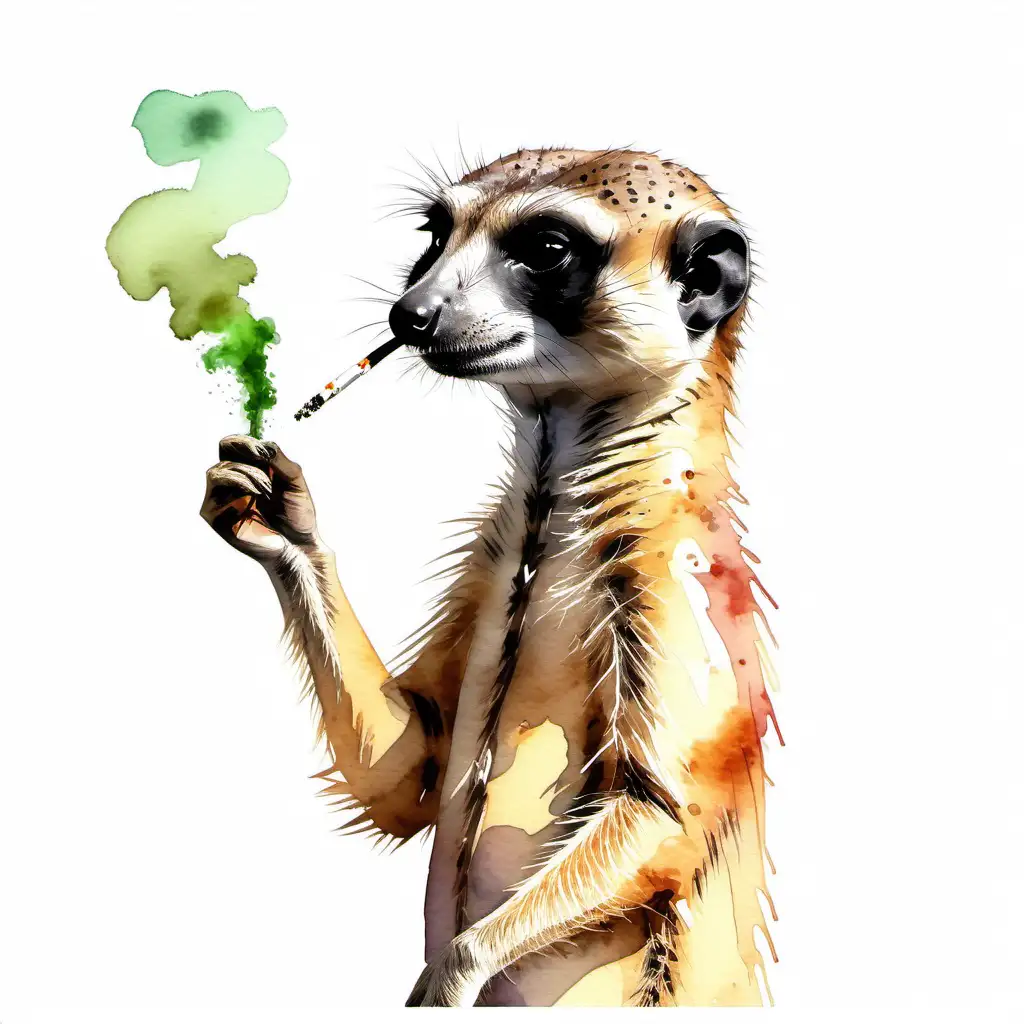 watercolor style, a meerkat smoking weed on a white background.