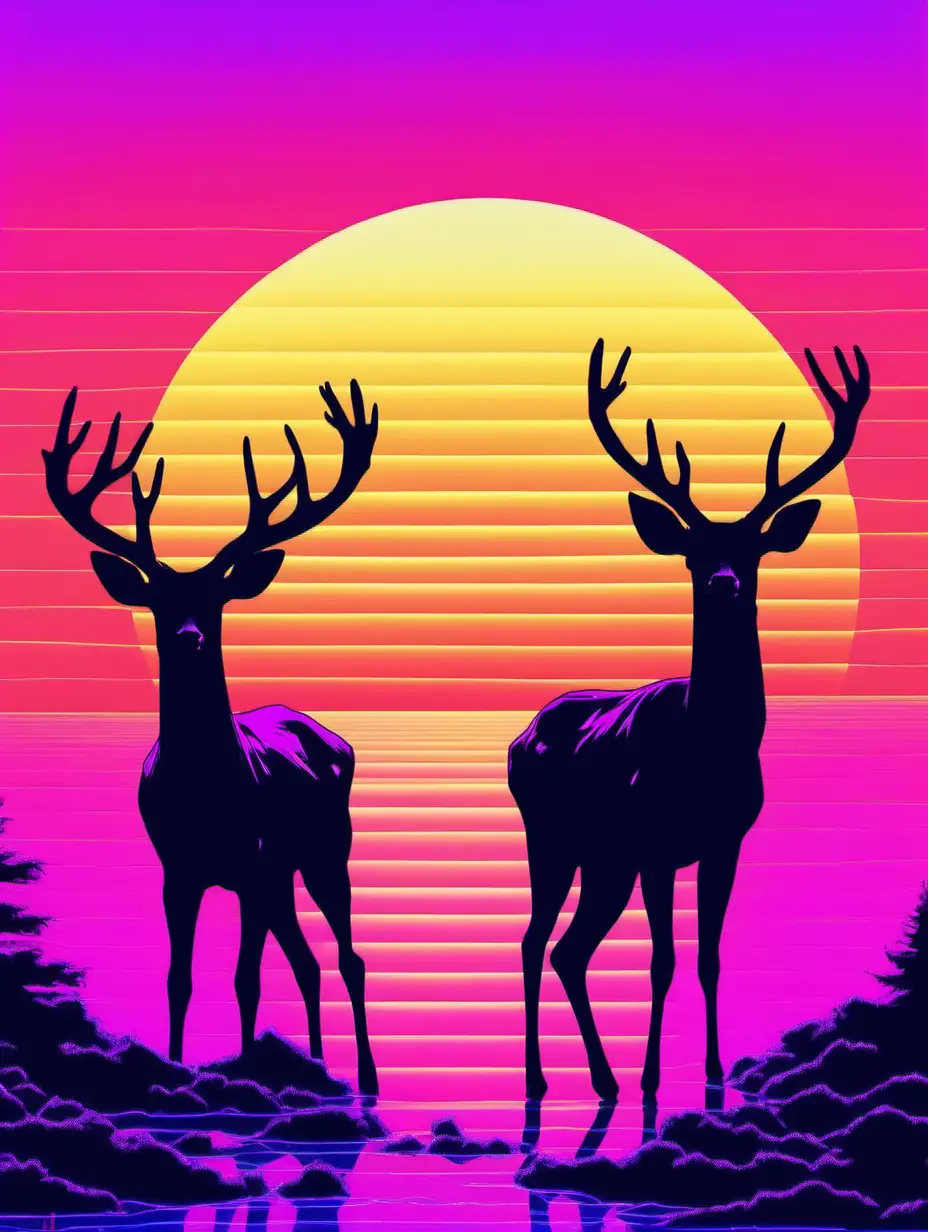 Two silhouetted deers holding hands in the sunset, vaporwave style