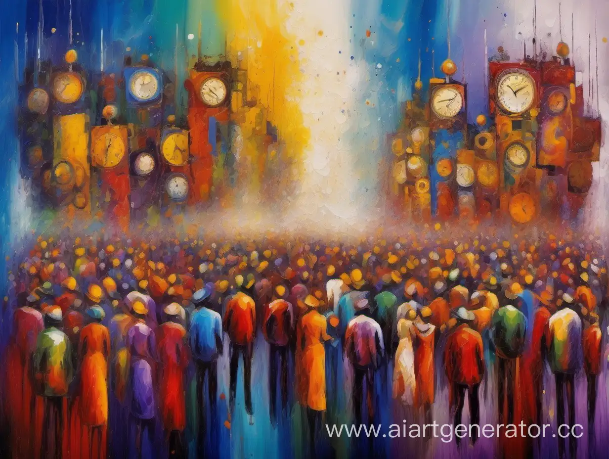 oil painting, vivid colors, art, high resolution, abstract, dreamy, symbolic, busy image: time and people