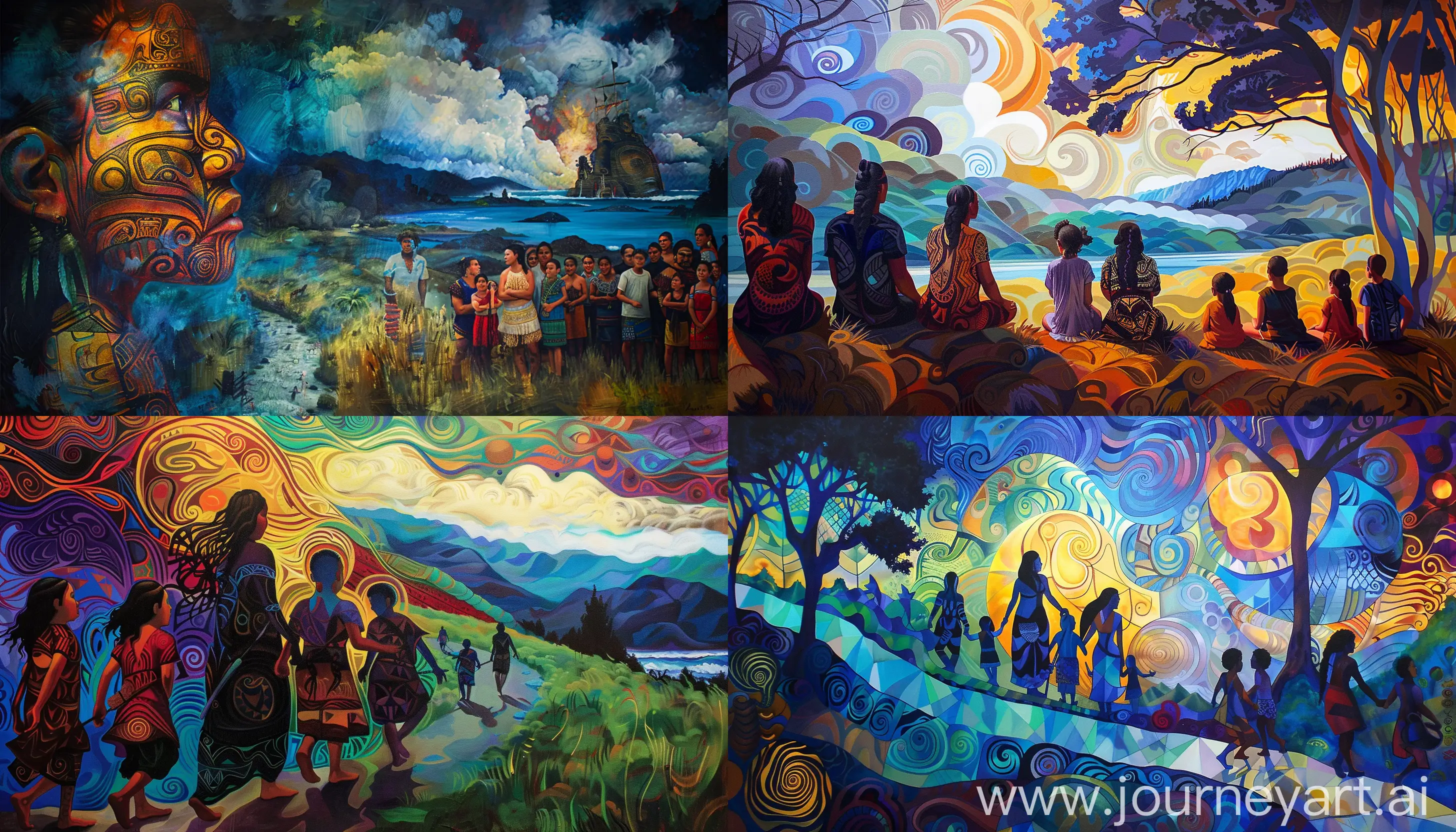 beautiful contemporary painting of a scenery about maori people migration in Aotearoa, traveling to new land of New Zealand, warrior women and children, award winning design, story of Aotearoa culture, abstract,--v 6.0 --ar 7:4