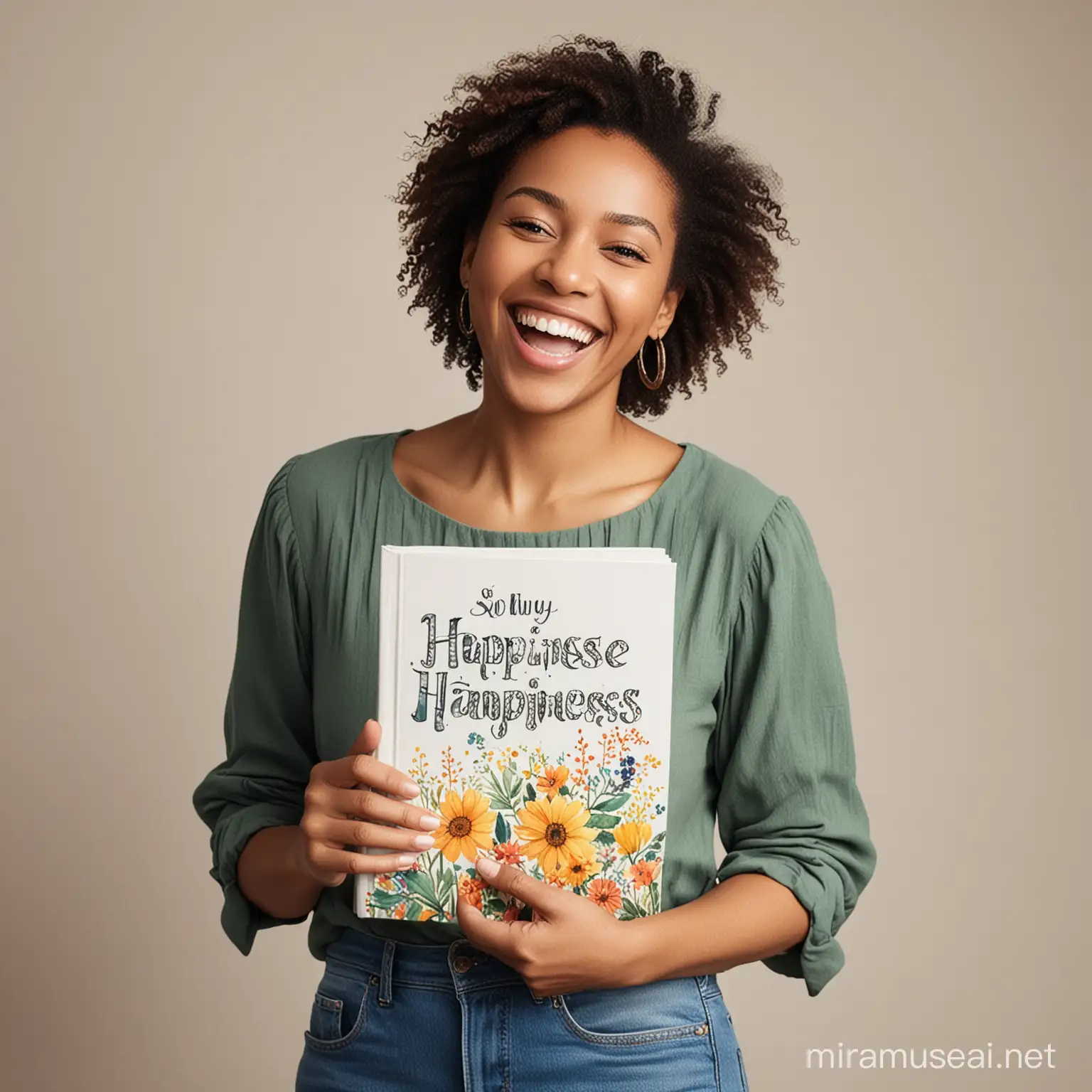 Joyful Woman Holding Project Book with Happiness