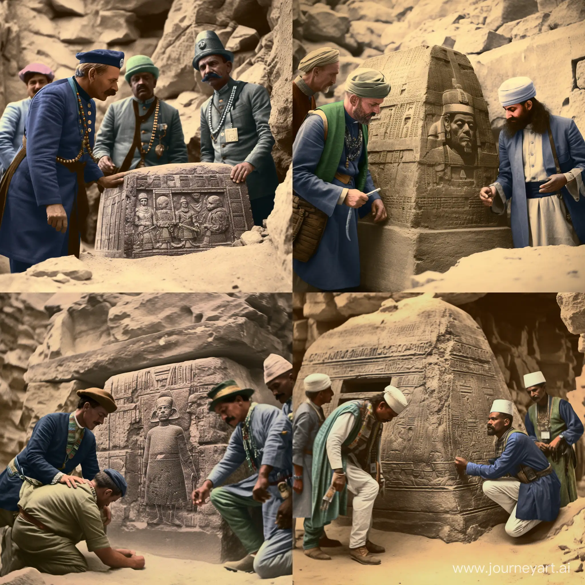  An old realistic 1890s colorized photo of explorers discovering the sarcophagus of ancient egyptian mummy. mummy and sarcophagus. in ancient dusty tomb. hieroglyphics on walls. realistic. 3 explorers. 1 explorer is a tall man wearing a khaki british desert uniform and a pith helmet. 1 explorer is an old man with a white beard in a pith helmet with spectacles. 1 explorer is an egyptian man in light clothes wearing a fez.- v6