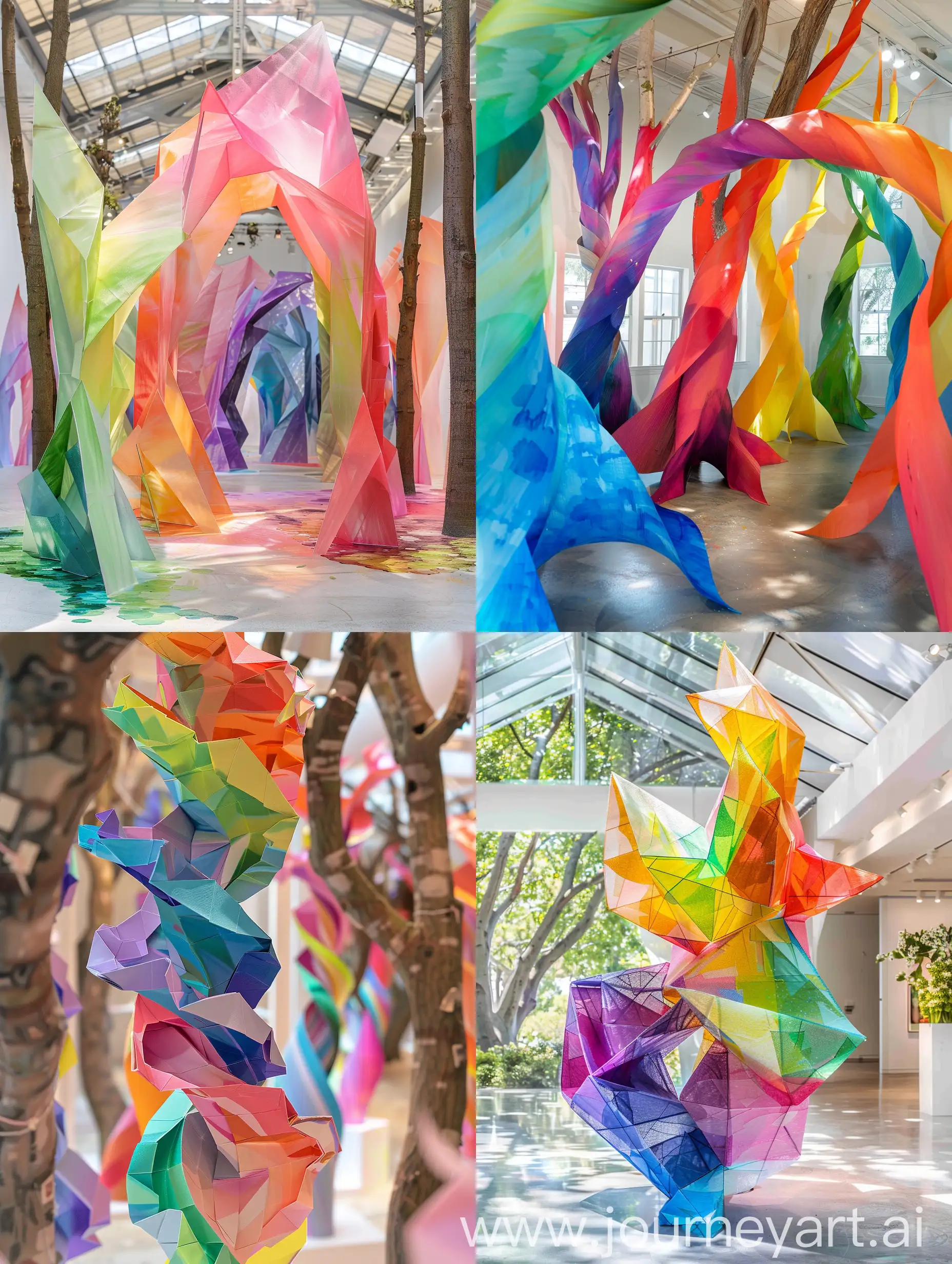the colorful paper sculpture is inside of an indoor gallery,in the ethereal trees,speedpainting,sou fujimoto,uhd image,blurry details--ar 3:4--q 5--s 750--v 5.1