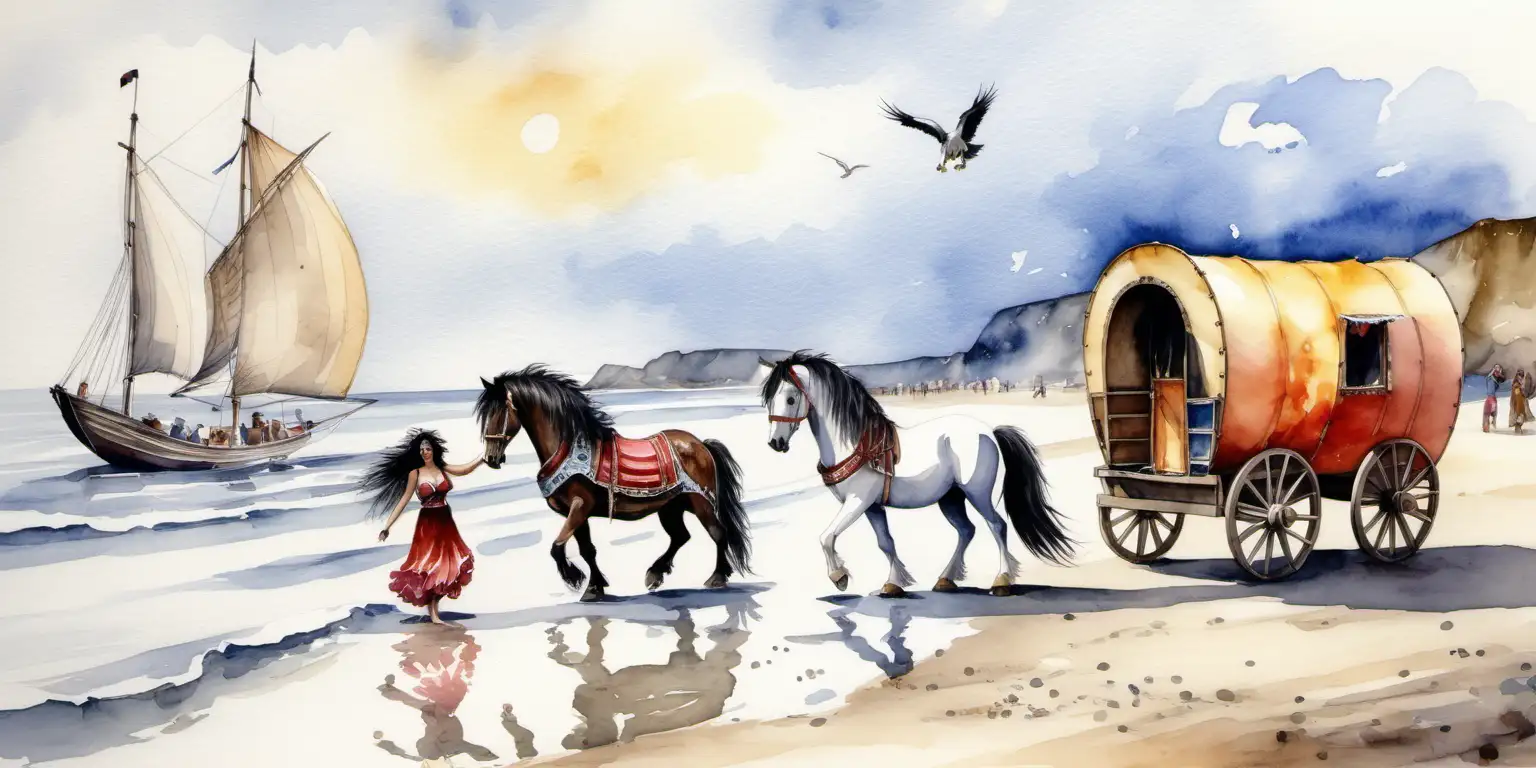 a water colour painting of 3 romany gypsy wagons on a beach , there is a gypsy cob horse standing in the water, romany gypsies are dancing near a fire , one gypsy is playing a guitar, a sea eagle is flying , 