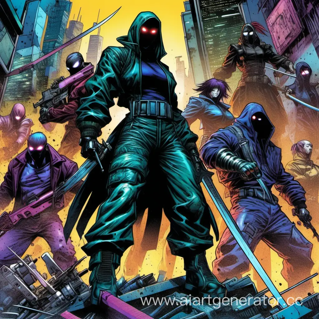 90s comics art, attack move, full height figure, cyberpunk, shadow blade, cyber ninja, no face, violent crazy, aggressive, colored