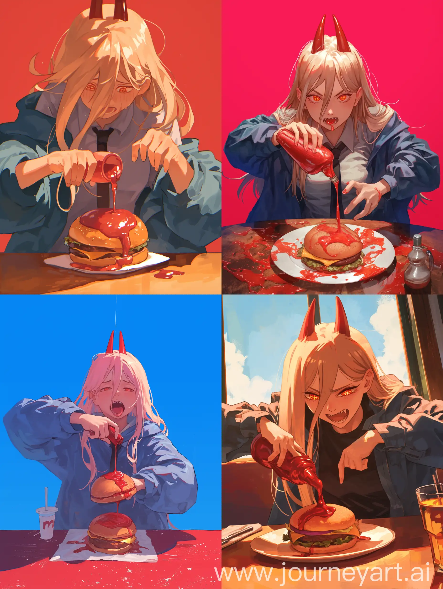 Power from chainsawman sitting at a table and pouring ketchup on her burger, front view, 2d art, digital art --niji 6