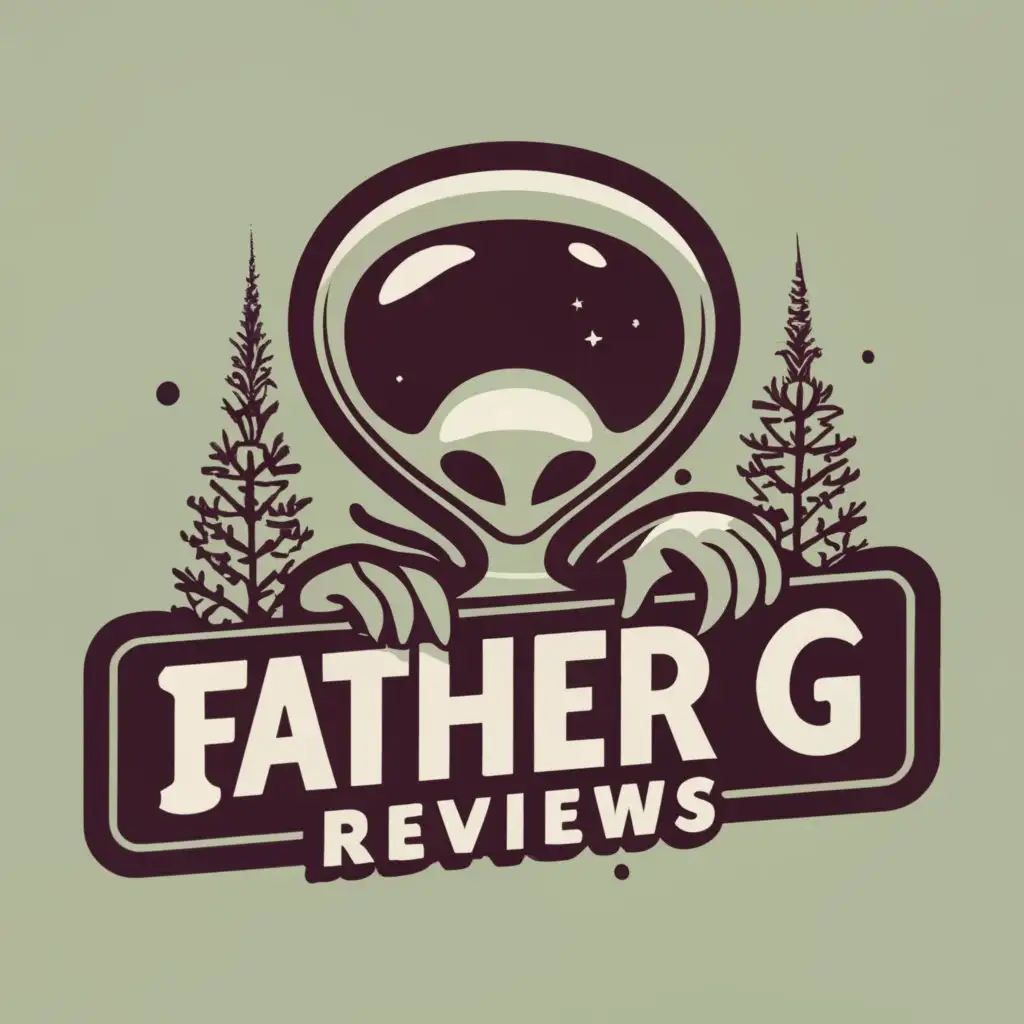 logo, detailed black and white alien with priest collar holding logo sign, no trees, with the text "Father G Reviews", typography