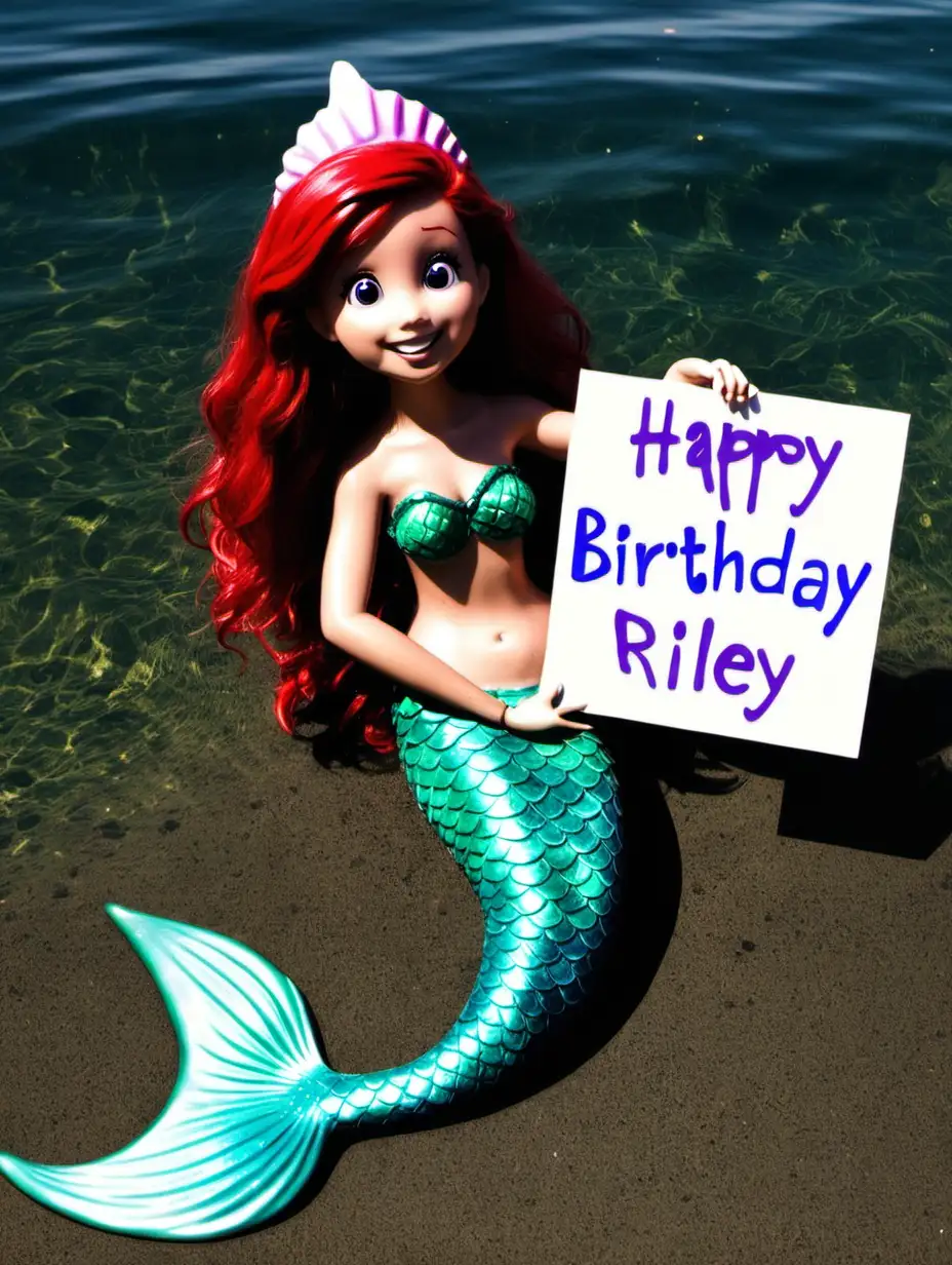 a mermaid holding up a sign that says "happy birthday Riley"