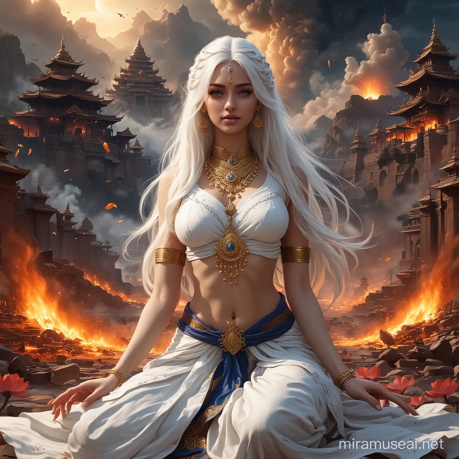 Mystical WhiteHaired Empress in Combat Amidst Flames and Demonic Goddesses