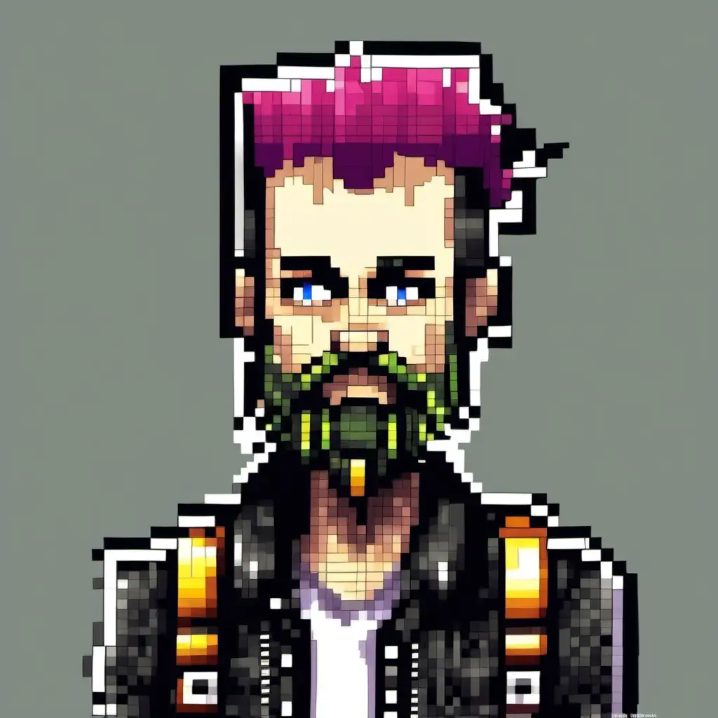 Pixelated Punk with Full Beard Staring Ahead
