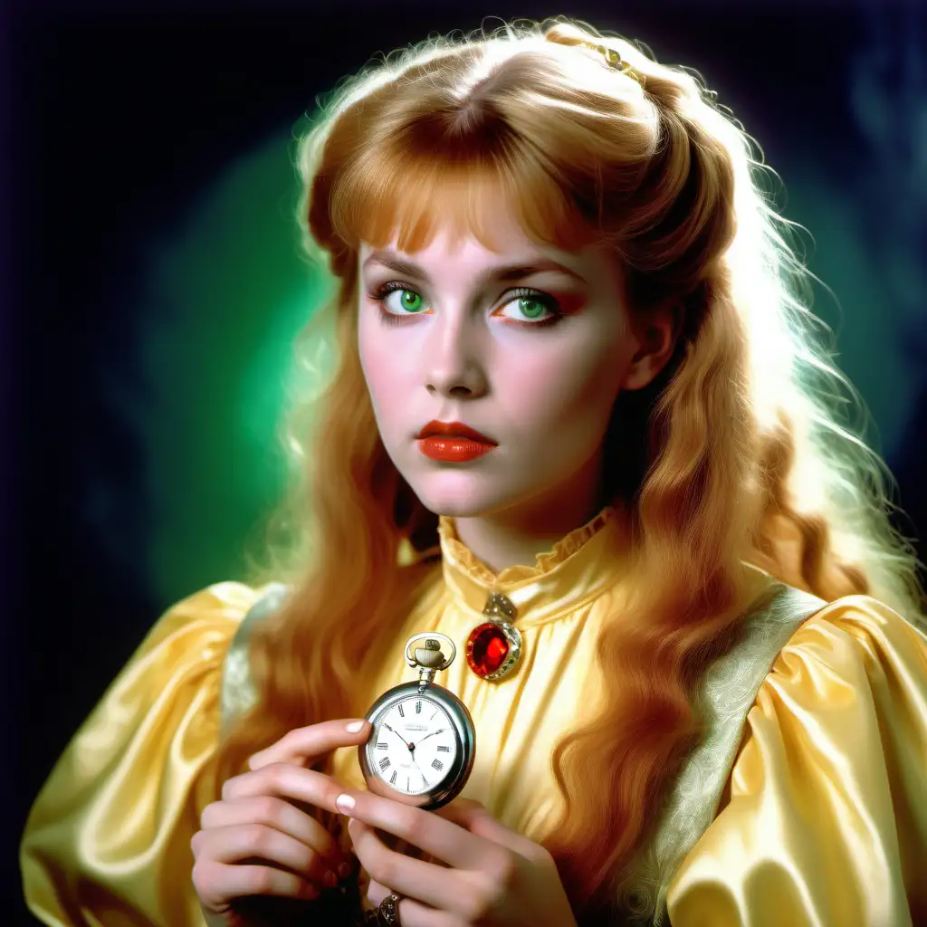 Caucasian woman, long bright reddish blonde hair with bangs, green eyes, yellow victorian dress with a small red gem in the center, beautiful, holding a silver pocket watch, starring in the neverending story, 80s dark fantasy, 80s movies, 80s glam, fantasy movie
