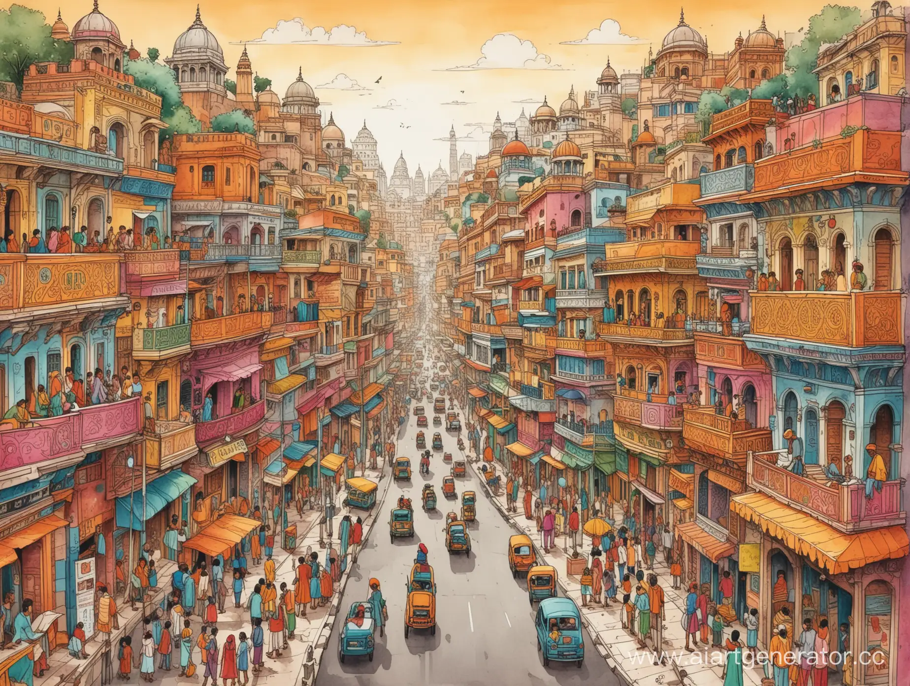 Индия горизонтальный фон яркий Дели город национальные узоры краски улицы детство рисунок детализация  сказка национальный улицы 16:9