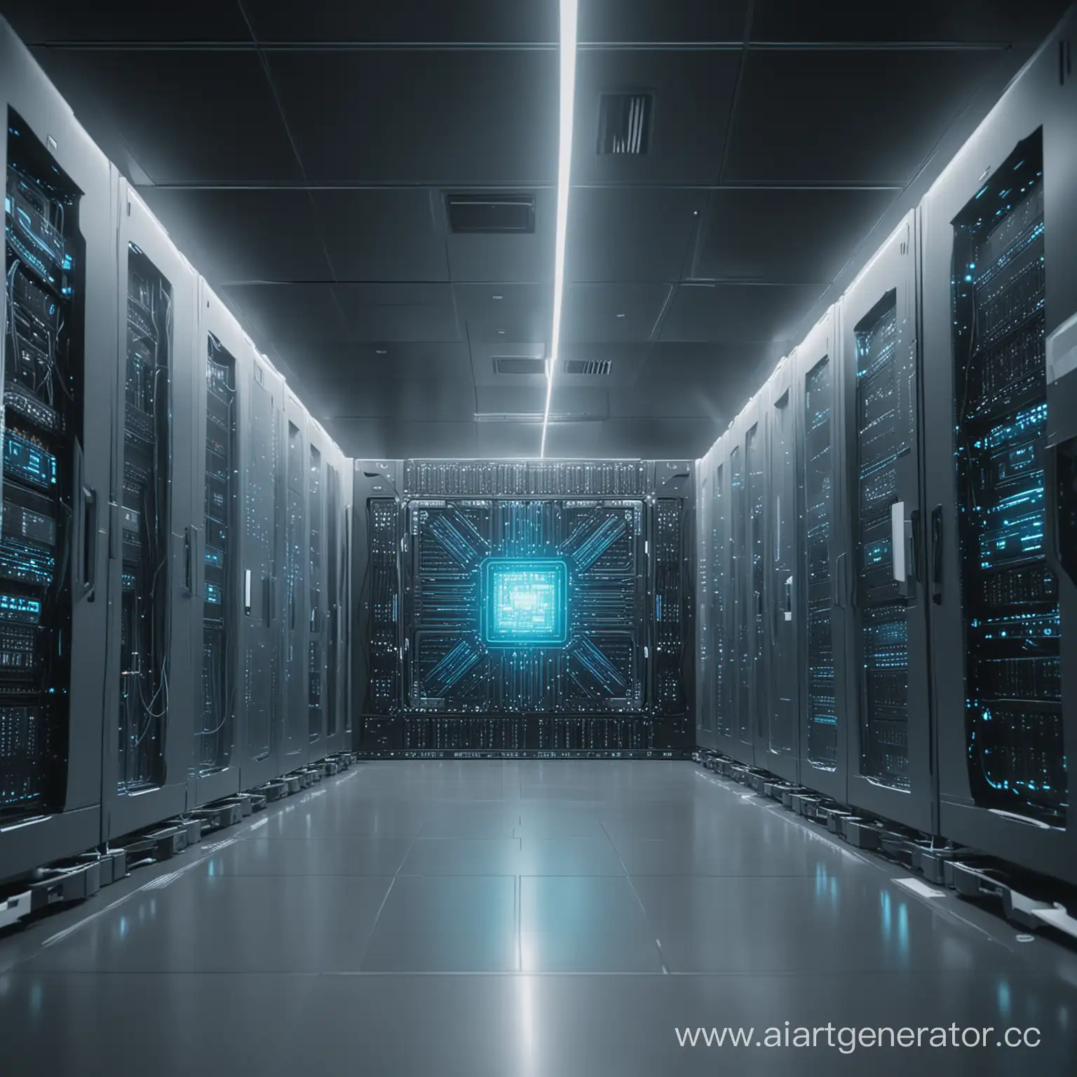 Core of an AI in big server room, cool-toned color grading, cool-toned sterile colors, sci-fi