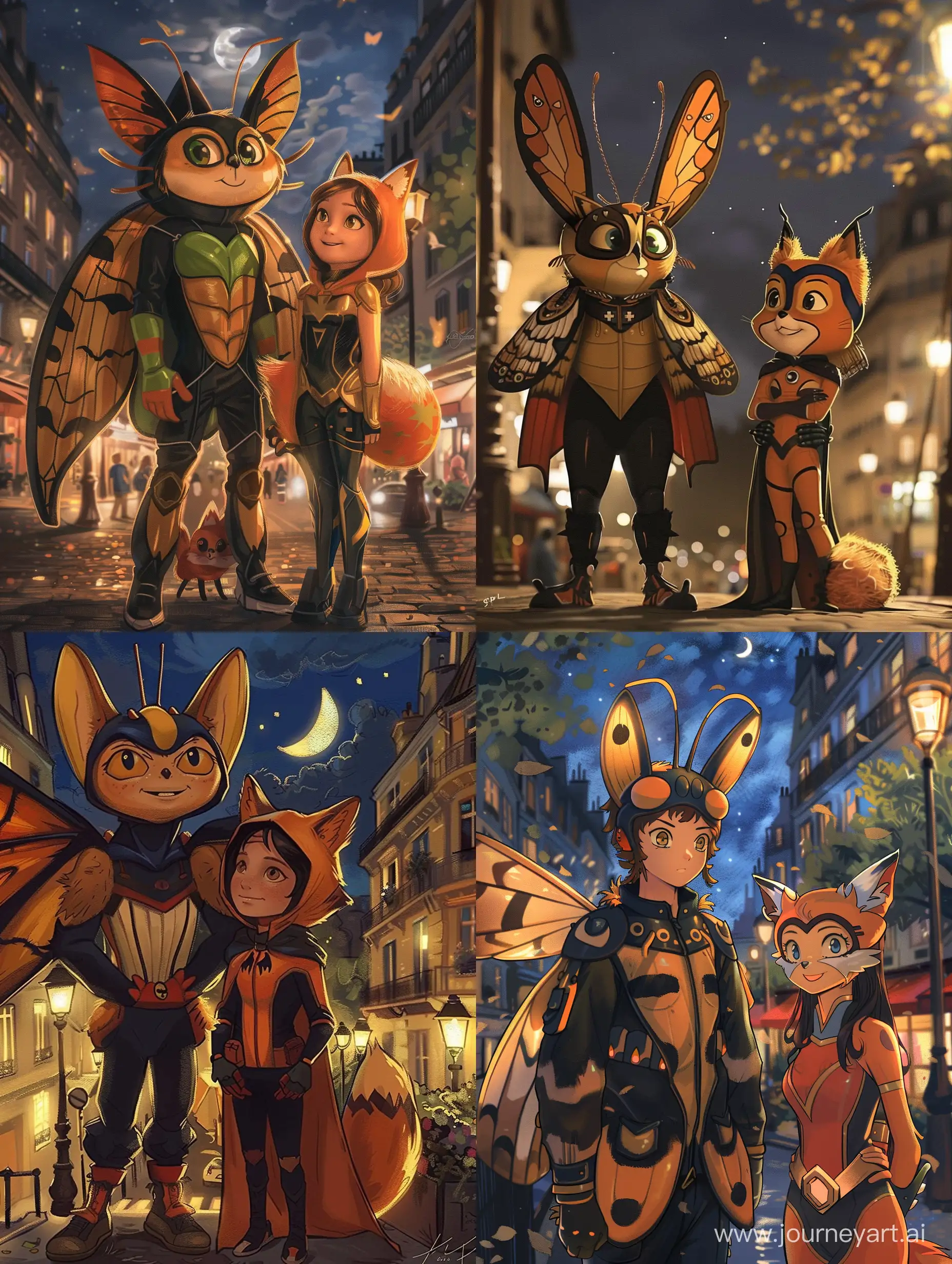 Gabriel Agreste in a Hawk Moth costume from the animated series 'Lady Bug and Super Cat', next to him a superheroine in a fox costume, Paris at night, cute drawing, art style, cinematic style, realism, -- s 50 --v 6 --ar 3:4 --no 10461