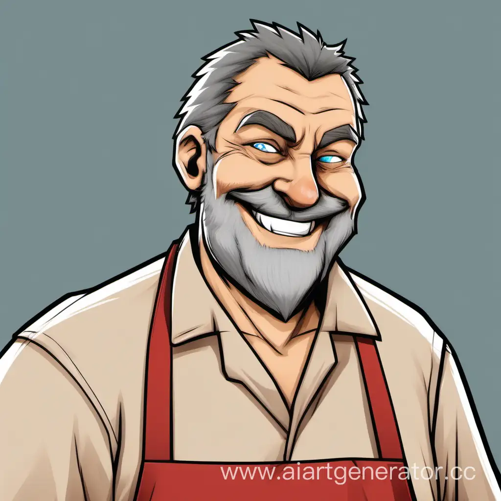 tall, fat, creepy smiling man furry-wolf, 47 years old, pale brown, gray hair, stubble, gray-blue eyes. He is wearing a beige shirt, over which is a red apron with the logo of a butcher shop