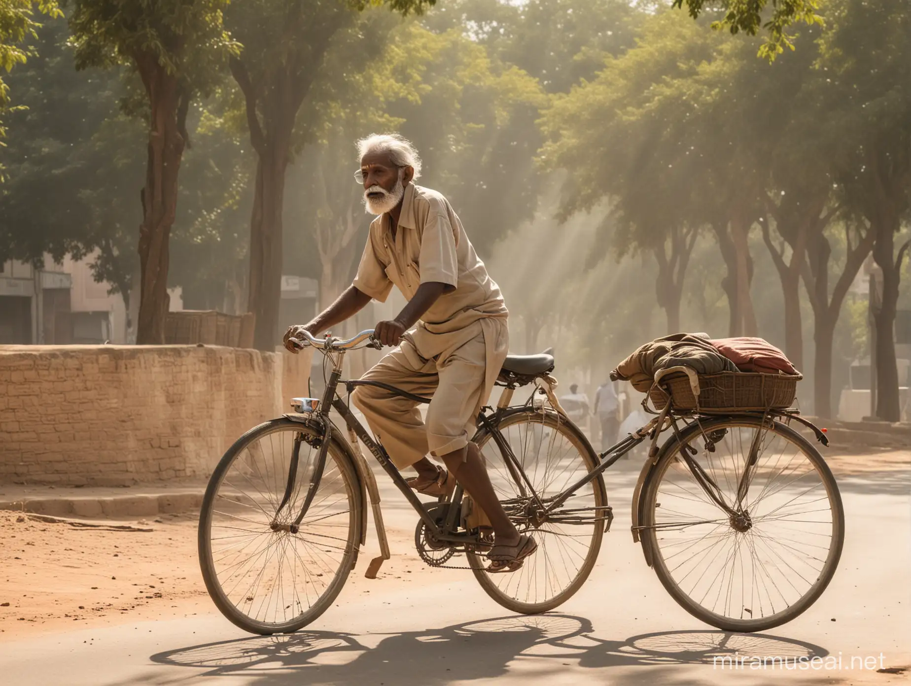 An old Indian man riding his bicycle in scorching heat.