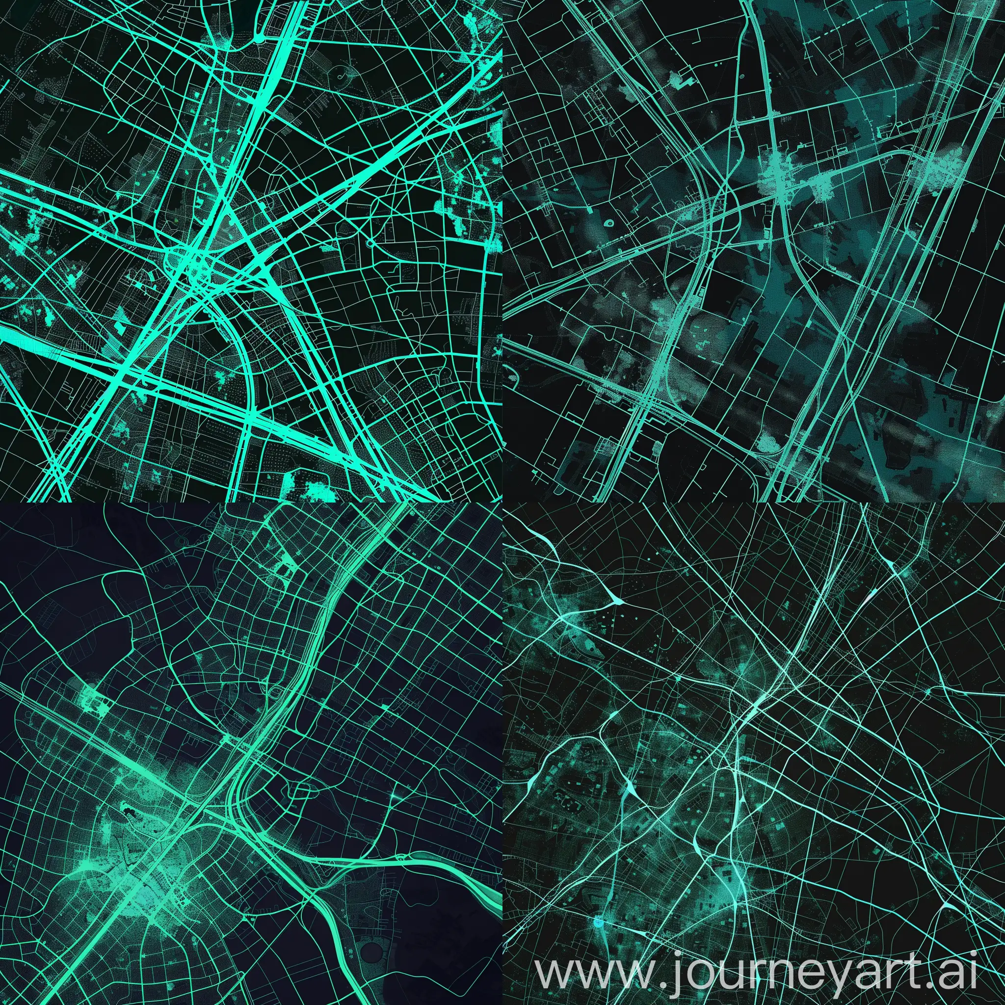 urban traffic patterns  overlaying road network data onto geographical maps to derive meaningful insights about traffic flow and congestion hotspots with combination of aqua grene an black color