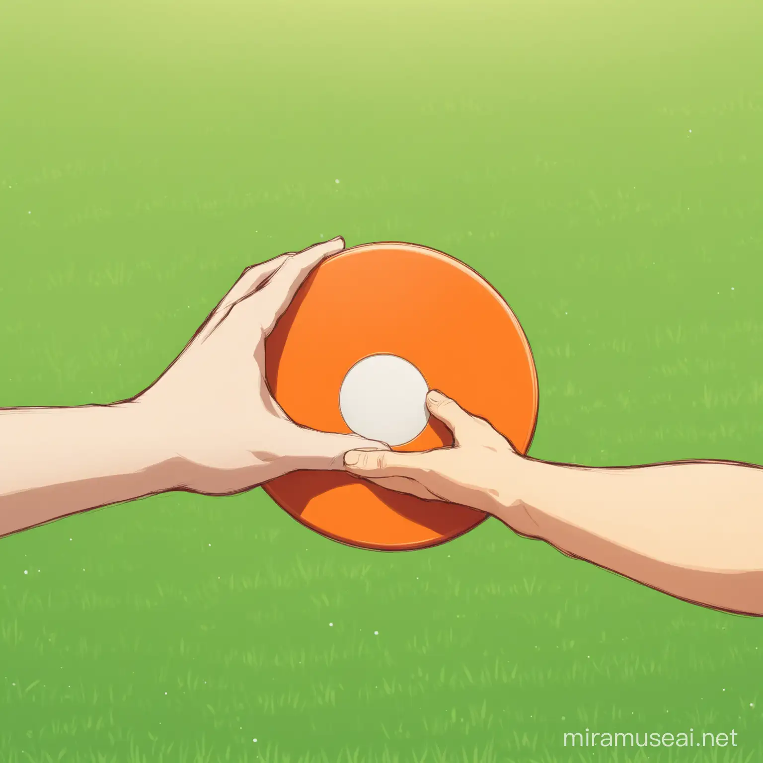 A hand is giving a frisbee to another hand who is reaching for the disc
