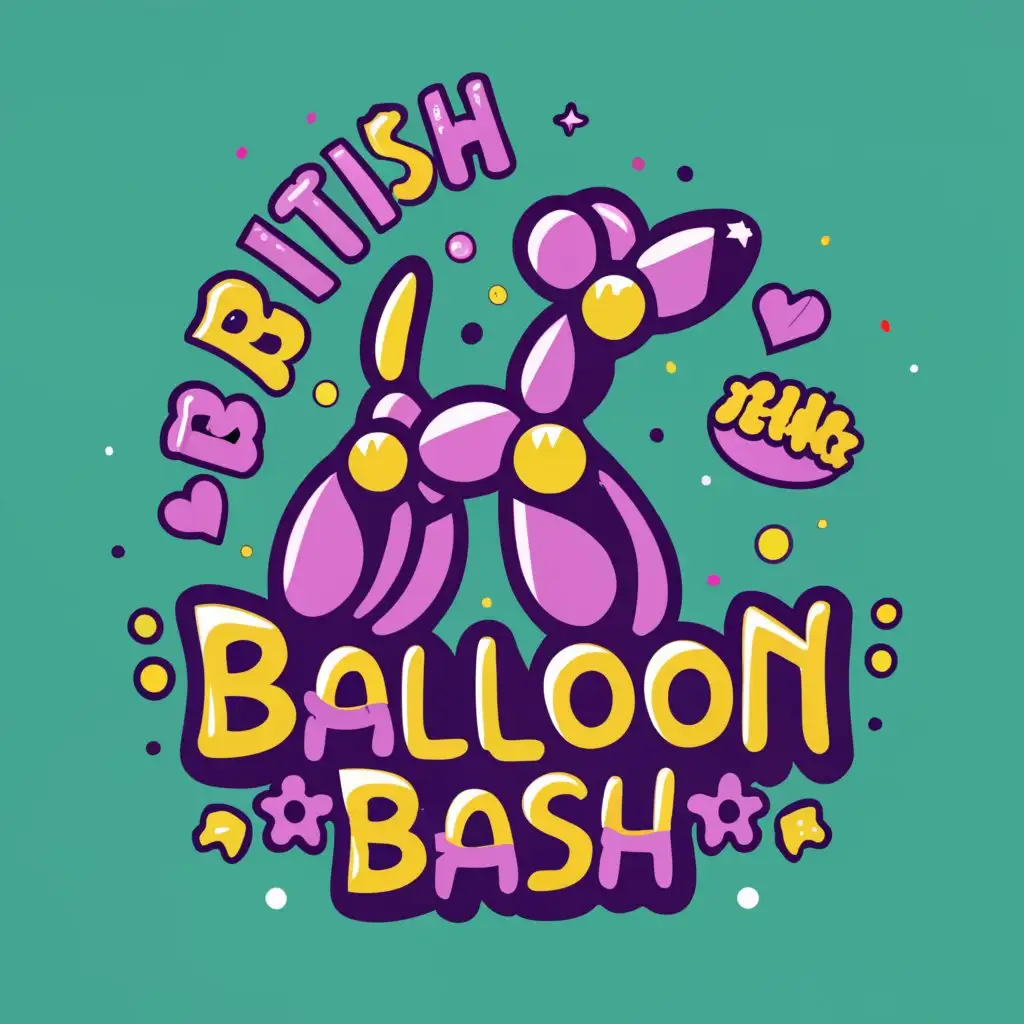 logo, cute balloon dog, with the text "British Balloon Bash", typography, be used in Entertainment industry, use purples, yellows and other complimenting colours. More purple