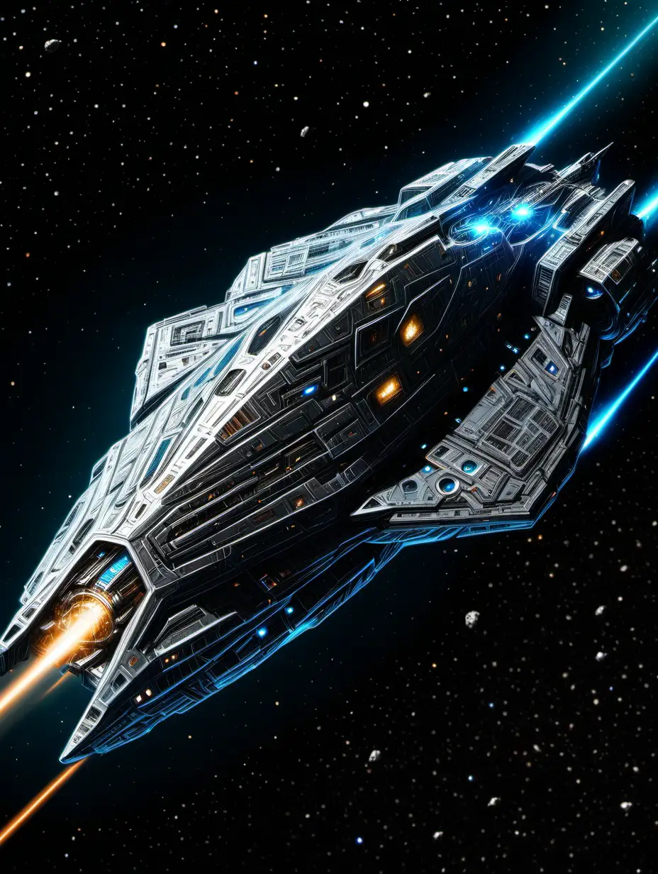a big, long purely crystalline hull that is a spaceship having minimal metallic looking surfaces, floating in space beaming laser light gunfire from many points along it's hull toward the side of the image.