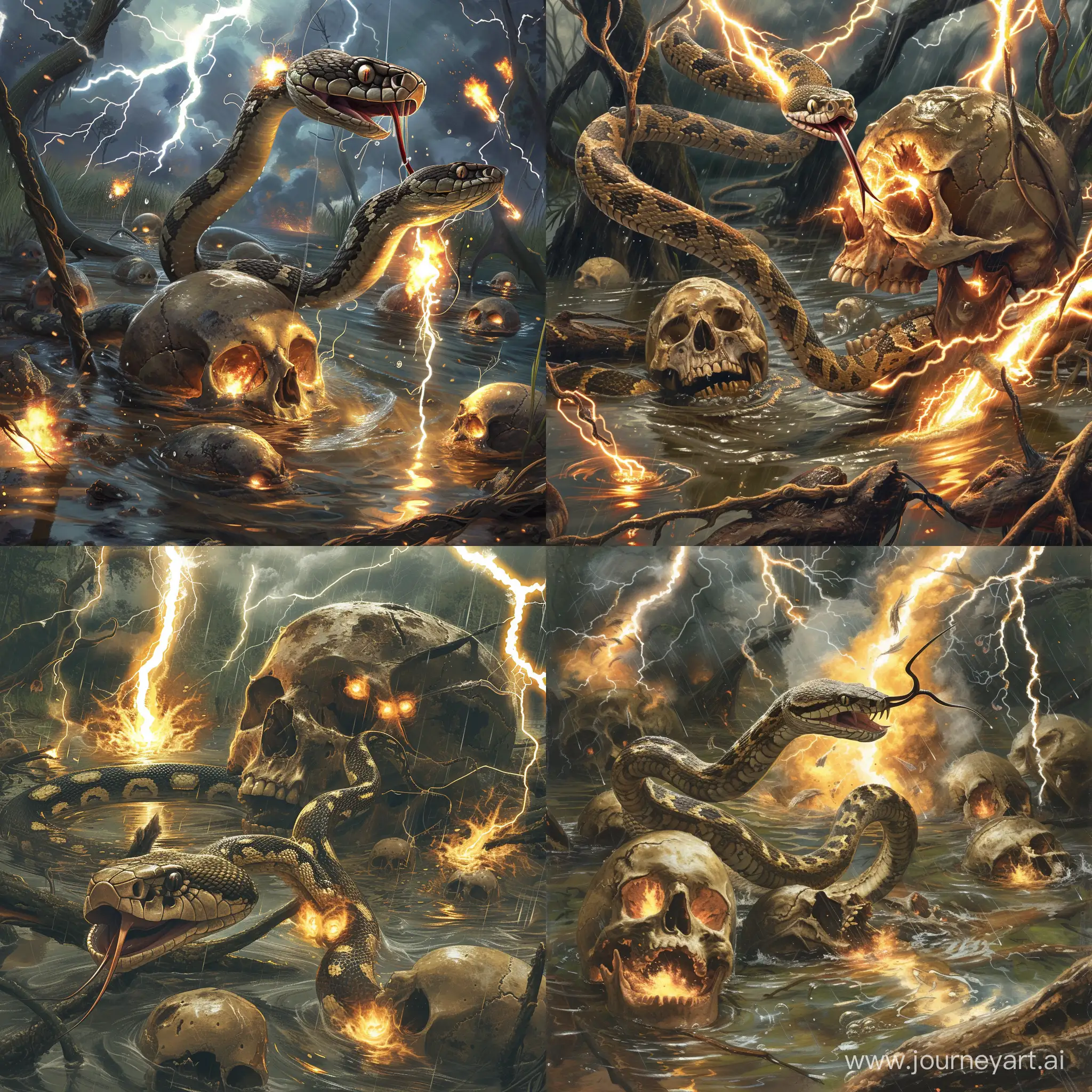 A viper snake that is ready to strike. The fangs are extended in the strike position, 'The snake is entangled in a "fire-emblazed Human "skull".'The snake is slithering through the skulls' eye sockets. The snake is coming from the  swamp  The landscape watery, swamp where multiple lightning strikes and explosions  are occuring!