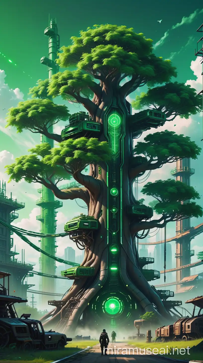 Technopunk Landscape with Green Tree