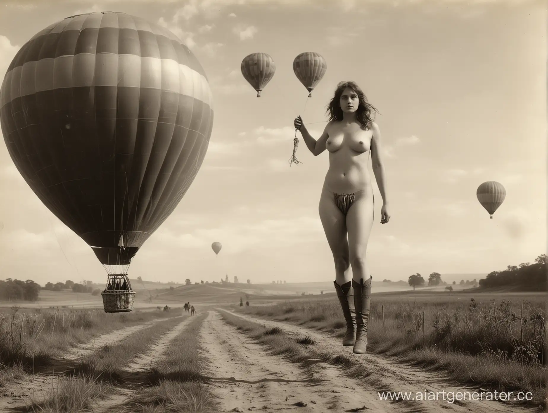 очень старая фотография полуобнажённой девушки на полях сражений первой мировой войны, в небе воздушный шар, рядом стоит средневековый рыцарь