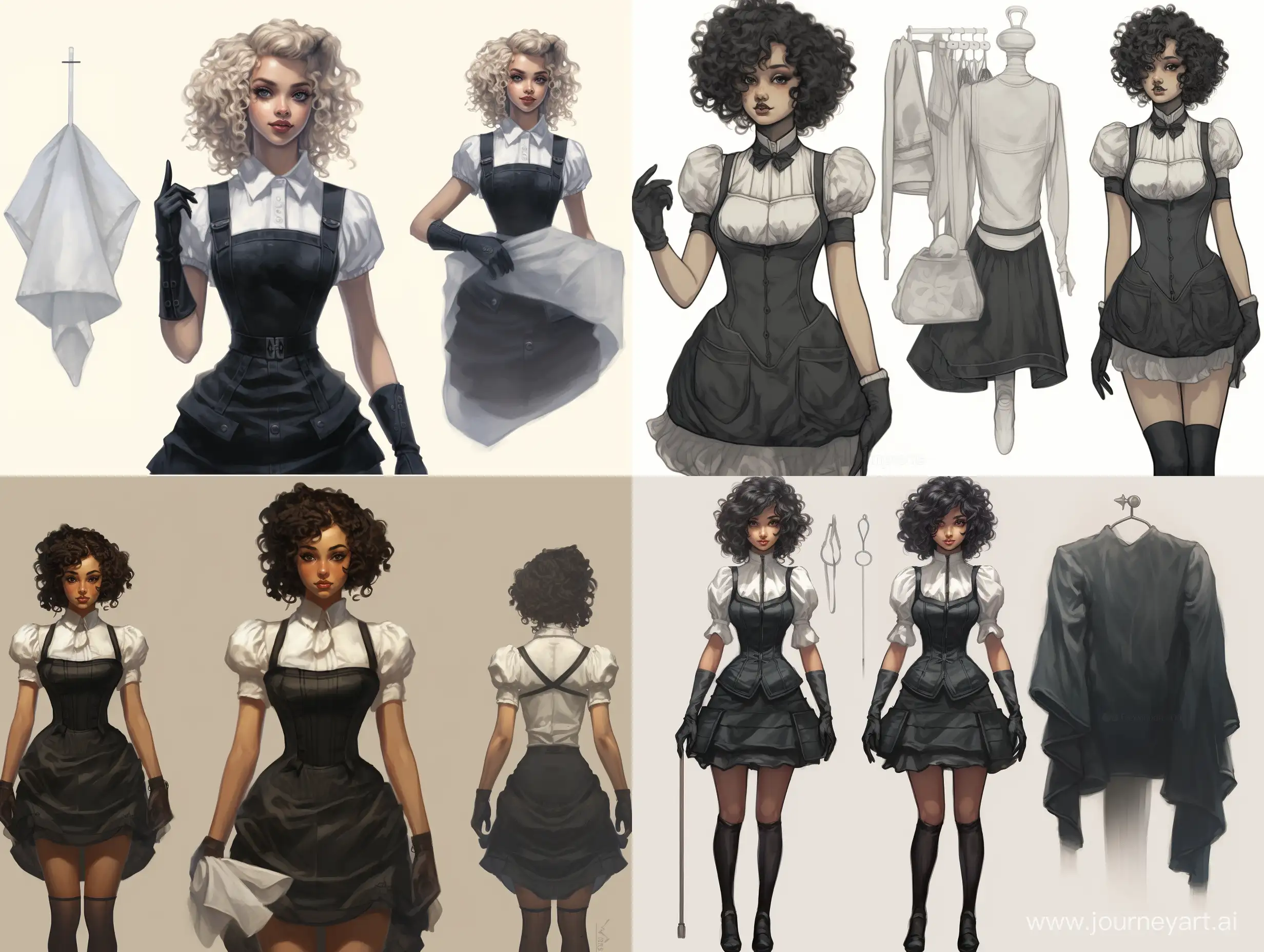 A sketch of a maid uniform, each part drawn seperatly, low cut,mini skirt, bootheels, kneehighs, gloves, curly hair