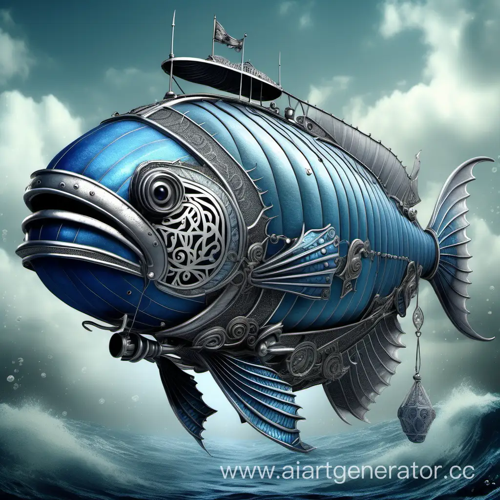 Fantasy-Fish-Dirigible-Majestic-Blue-and-Silver-Airship-with-Elaborate-Details